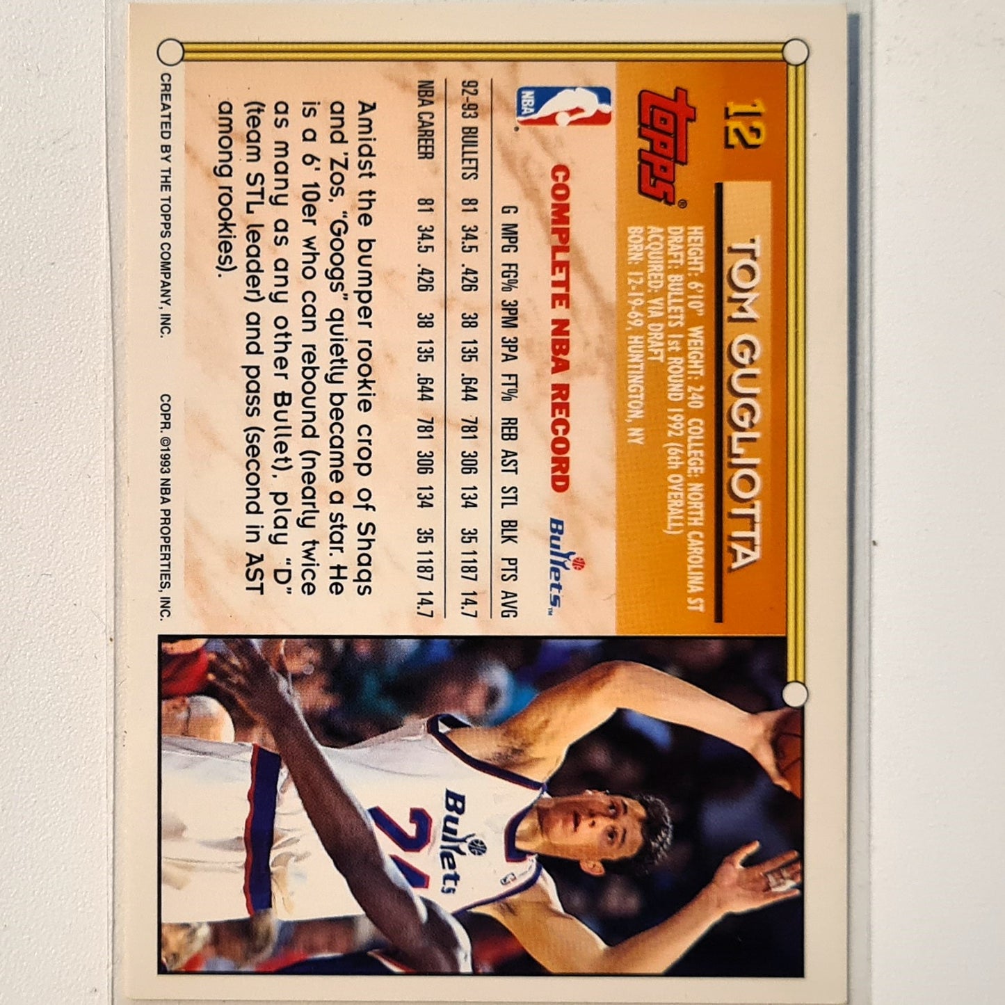 Tom Gugliotta 1993 Topps #12  NBA Basketball Washington Bullets Excellent sleeved