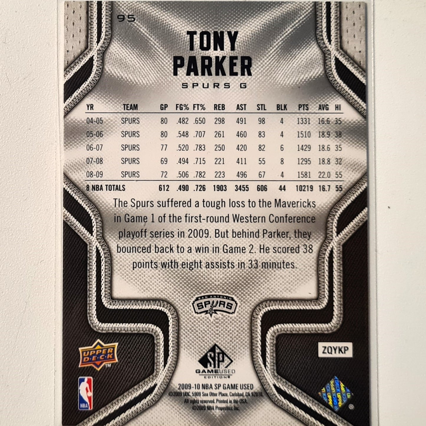 Tony Parker 2009-10 Upper-Deck SP game used edition #95 NBA Basketball San Antonio Spurs Excellent sleeved