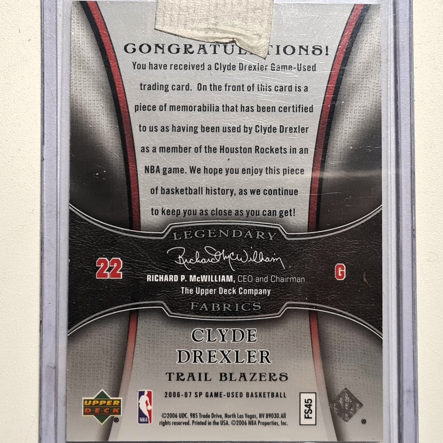 Clyde Drexler 2006-07 Upper-Deck sp game used legendary fabrics patch 027/100 LF-CD NBA basketball Portland Trail Blazers Excellent/mint Sleeved