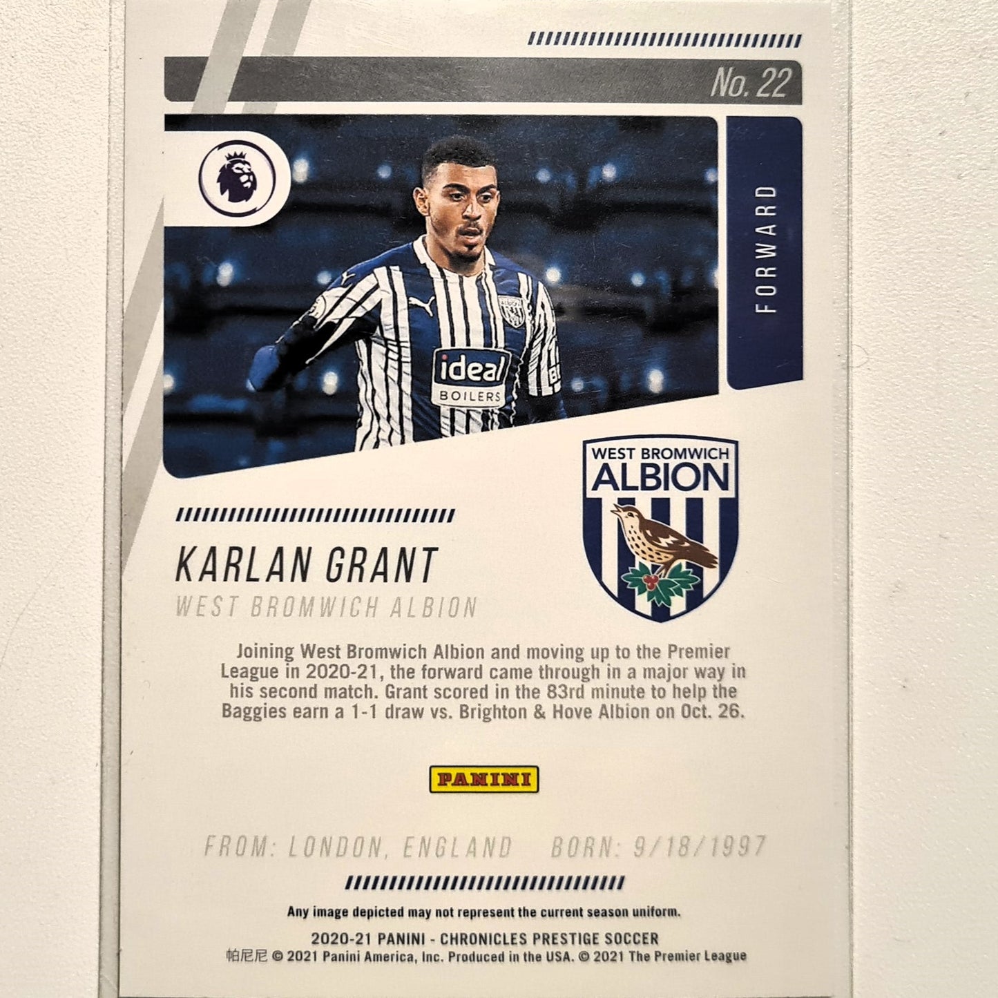 Karlan Grant 2020-21 Panini Chronicles Prestige Rookie RC #22 Soccer Football West Bromwich Albion Excellent/mint Sleeved