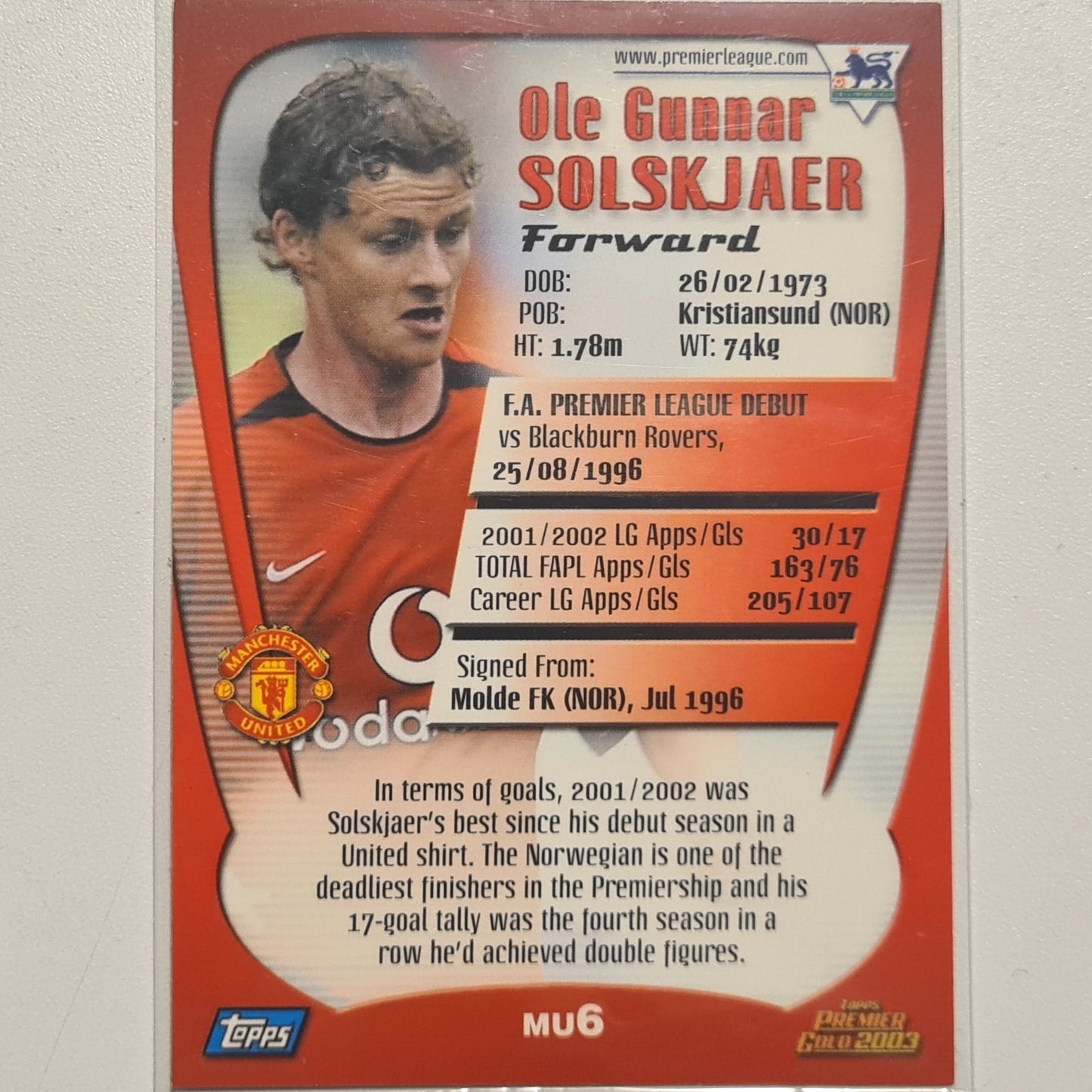 Ole Gunnar Solsksjaer 2003 Topps Premier Gold MU6 Soccer Football Manchester United Excellent-Mint Sleeved