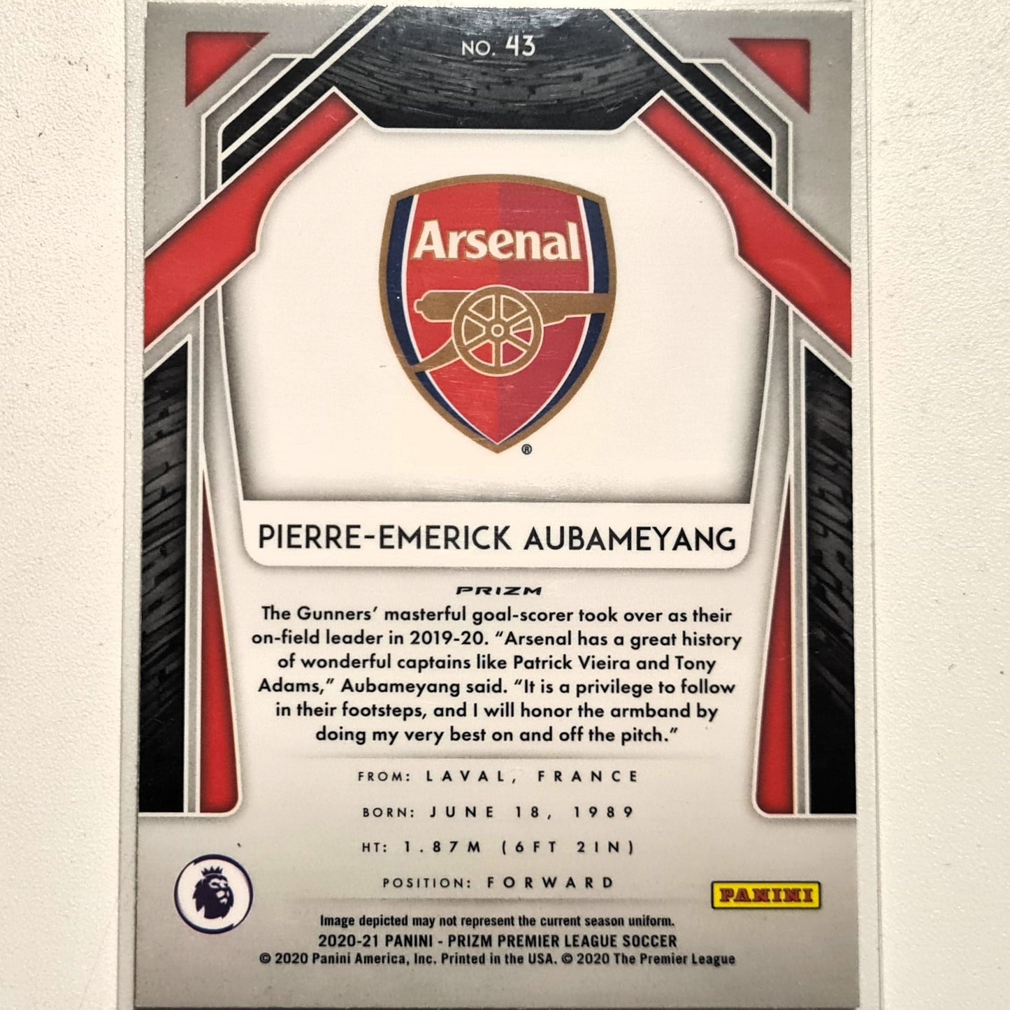 Pierre-Emerick Aubameyang 2020-21 Topps Panini Prizm refractor premier league #43 Soccer Football Arsenal Excellent-Mint Sleeved