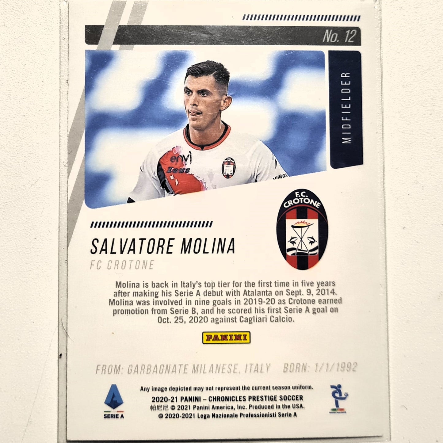 Salvatore Molina 2020-21 Panini Chronicles prestige Rookie RC #12 Soccer Football FC Crotone Excellent-Mint Sleeved