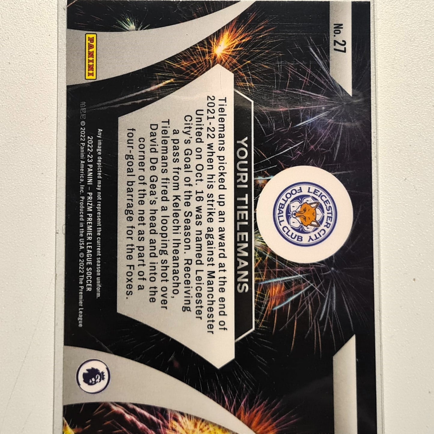 Youri Tielemans 2022-23 Panini Prizm Premier League Fireworks #27 Soccer Football Leicester City Excellent-Mint Sleeved