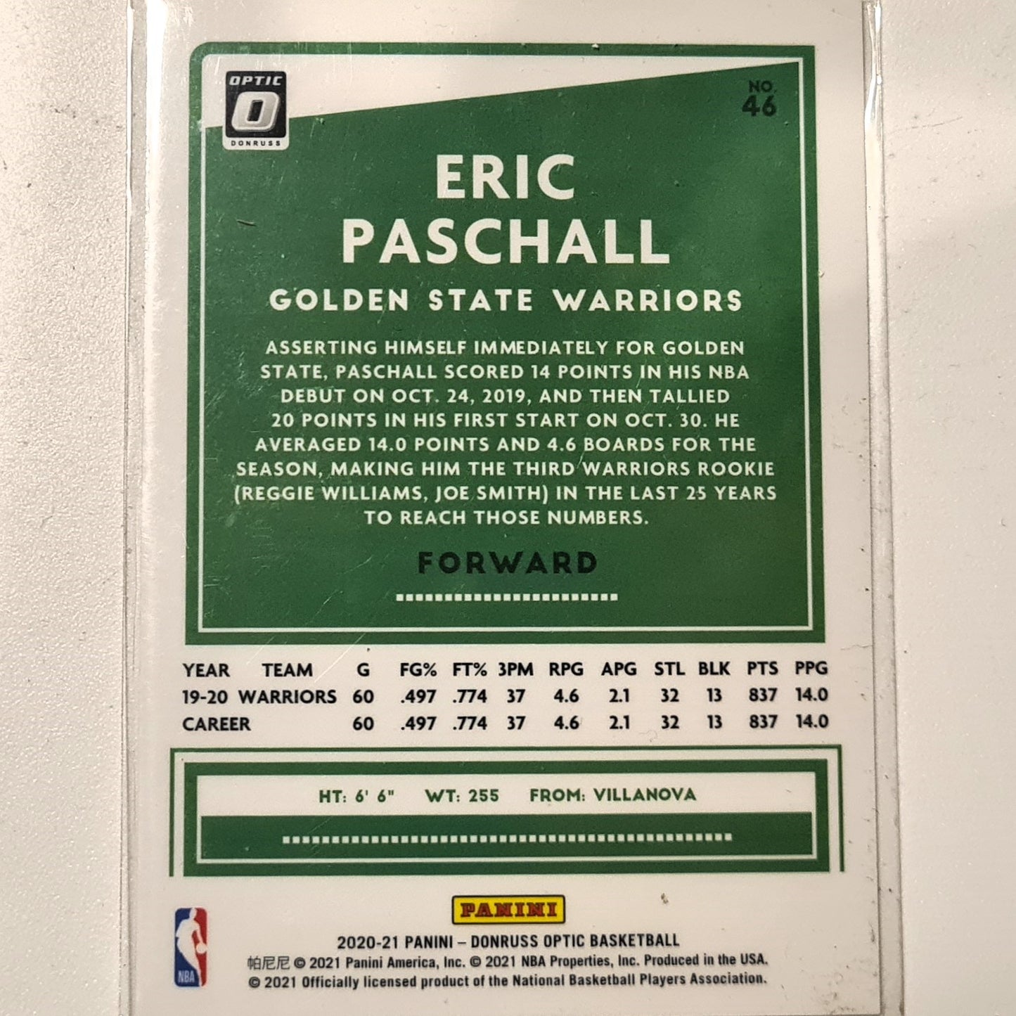 Eric Paschall 2020-21 Panini Donruss Optic #46 NBA basketball Golden State Warriors Excellent/mint Sleeved