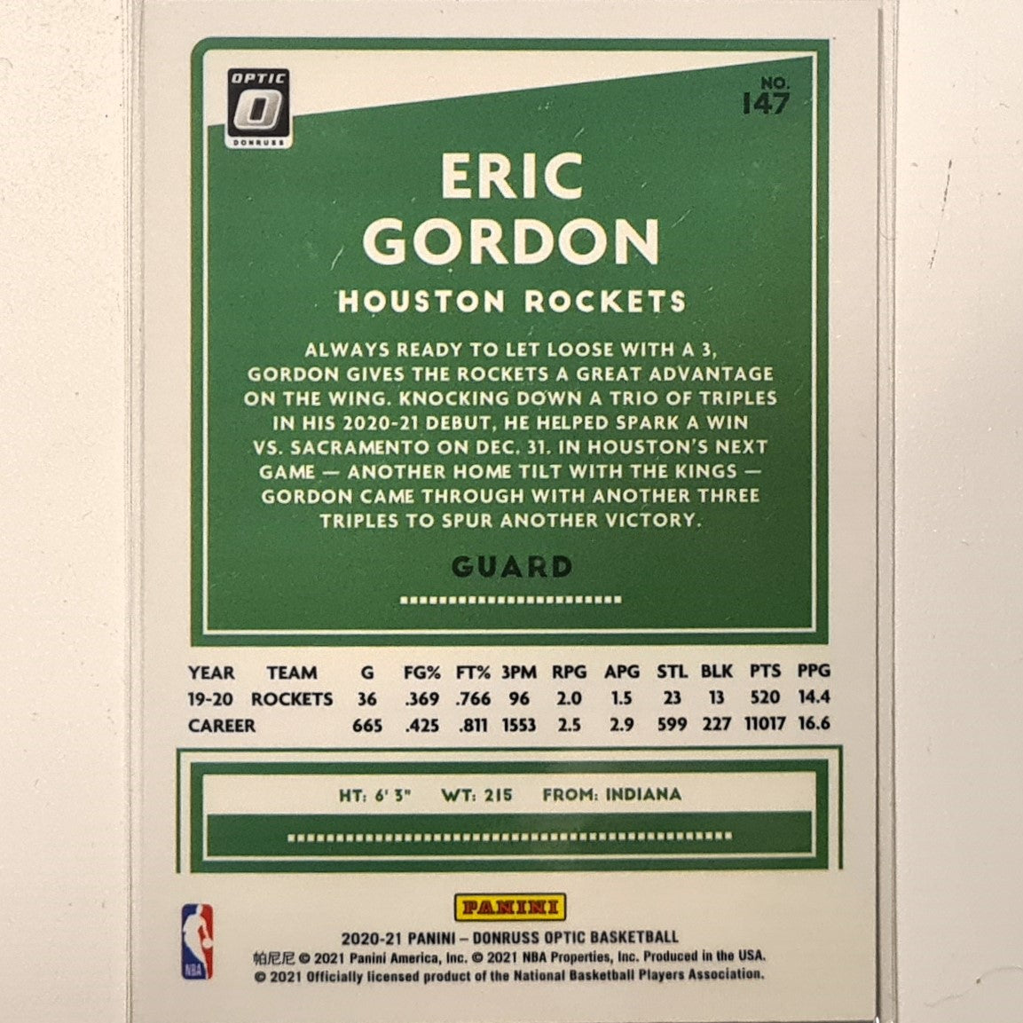 Eric Gordon 2020-21 Panini Donruss Optic #147 NBA basketball Houston Rockets Excellent/mint Sleeved