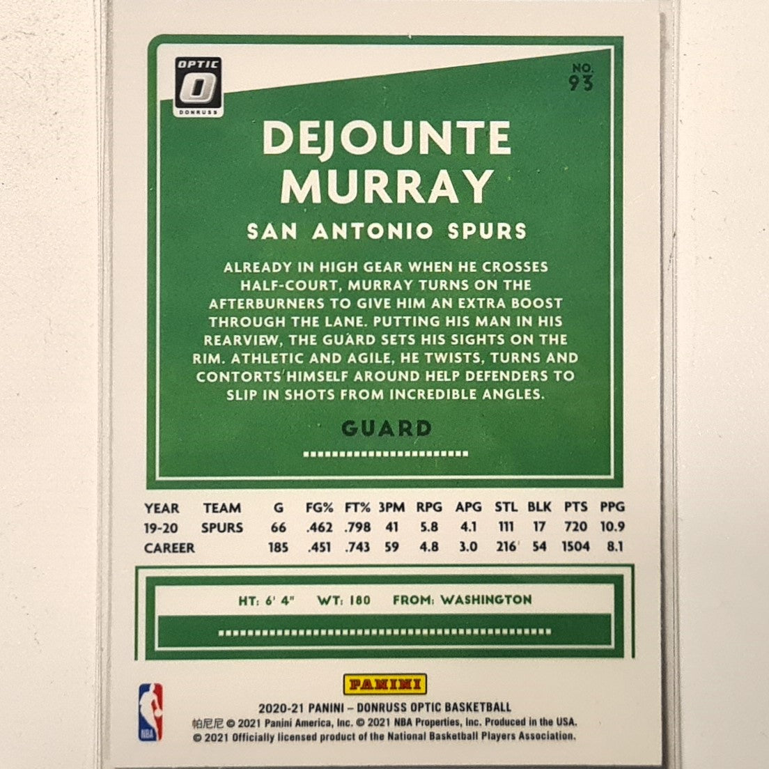 Dejounte Murray 2020-21 Panini Donruss Optic #93 NBA basketball San Antonio Spurs Excellent/mint Sleeved