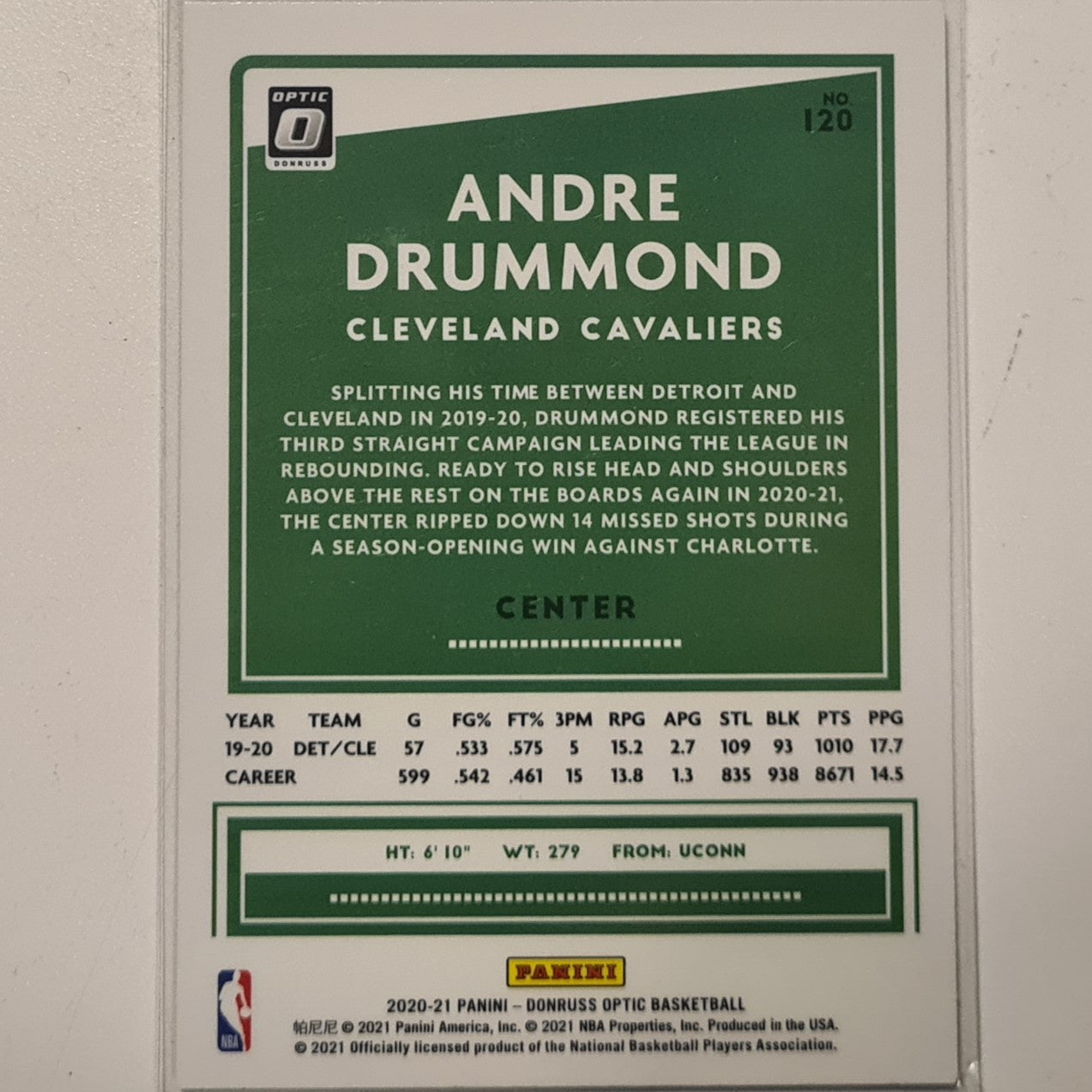 Andre Drummond 2020-21 Panini Donruss Optic #120 NBA basketball Cleveland Cavaliers Excellent/mint Sleeved