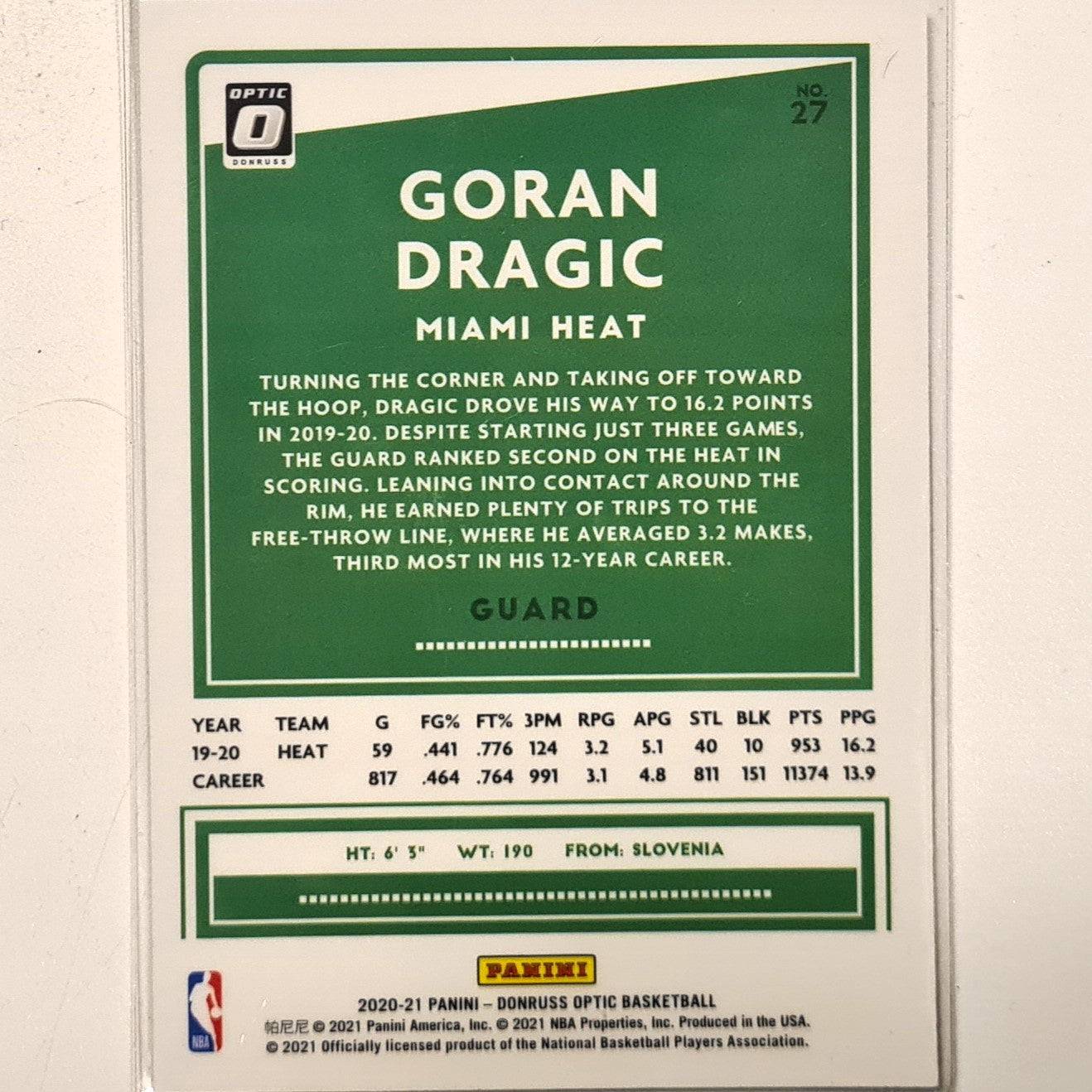 Goran Dragic 2020-21 Panini Donruss Optic #27 NBA basketball Miami Heat Excellent/mint Sleeved