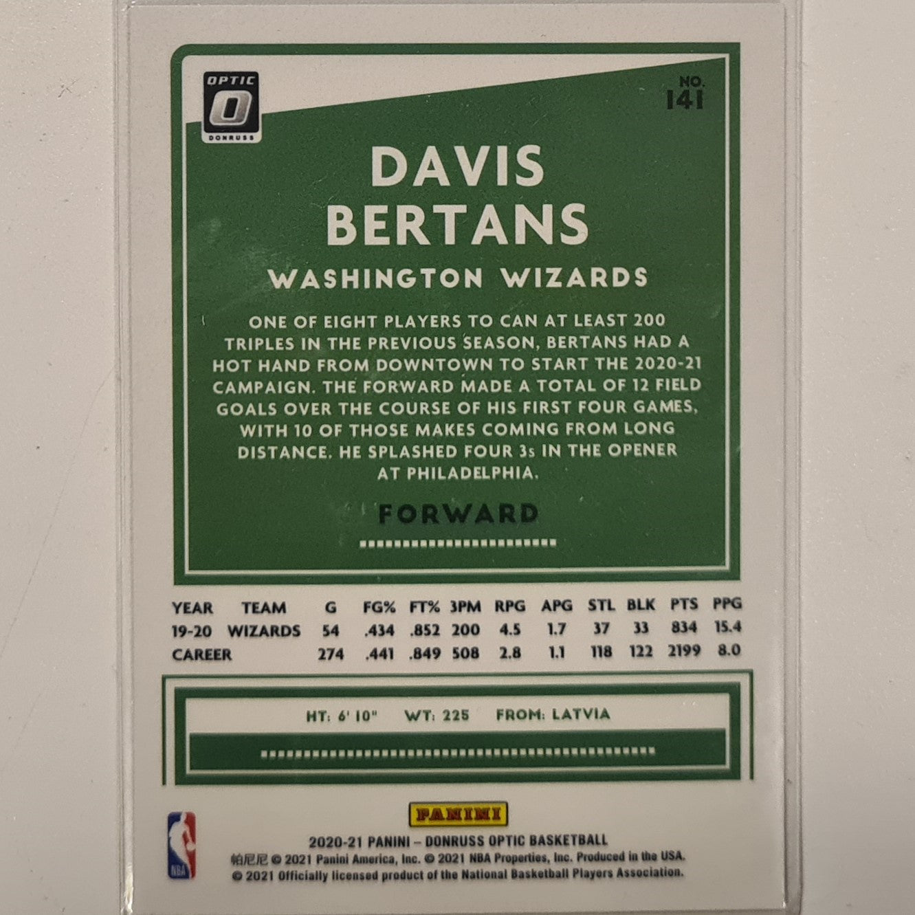 Davis Bertans 2020-21 Panini Donruss Optic #141 NBA basketball Washington Wizards Excellent/mint Sleeved