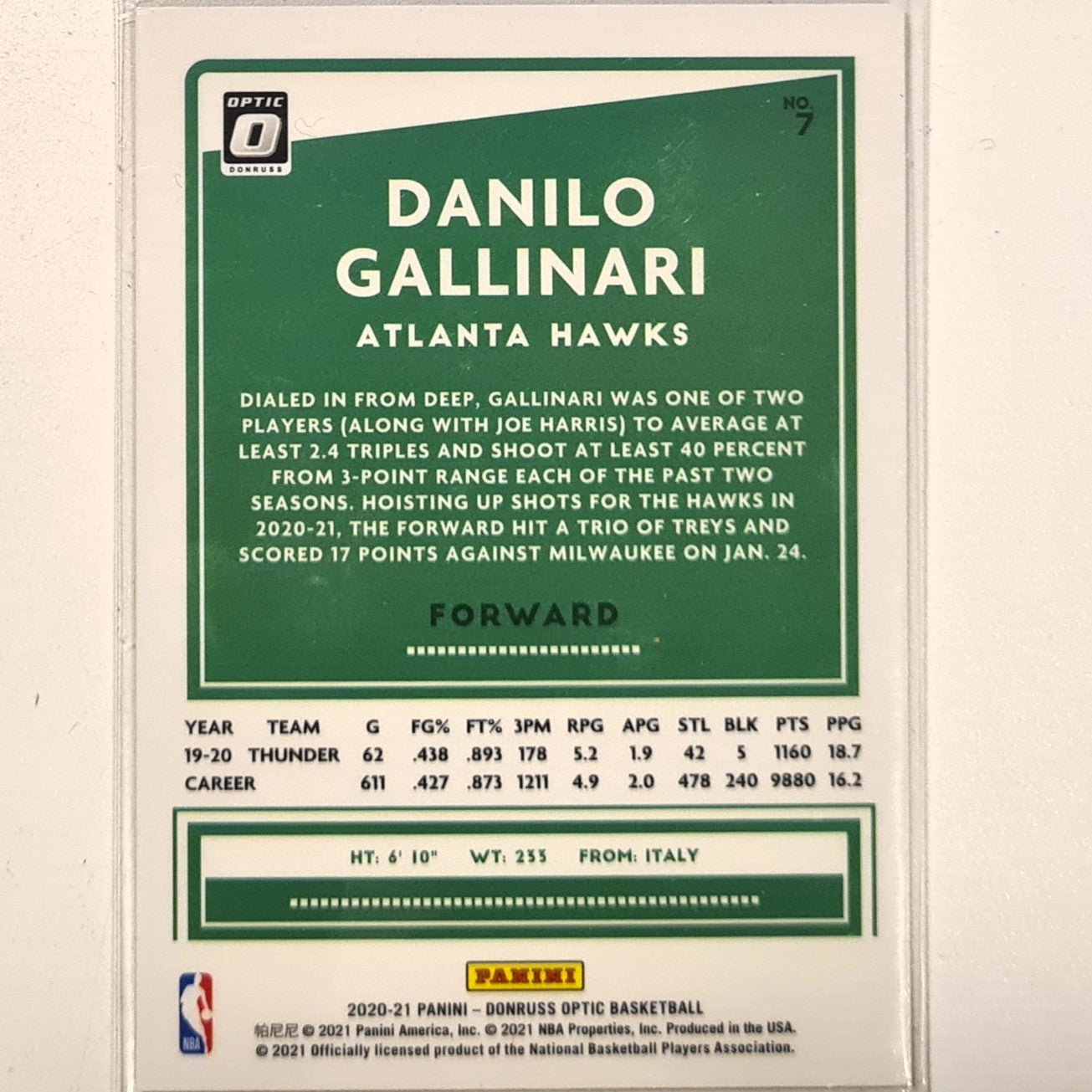 Danilio Gallinari 2020-21 Panini Donruss Optic #7 NBA basketball Atlanta Hawks Excellent/mint Sleeved