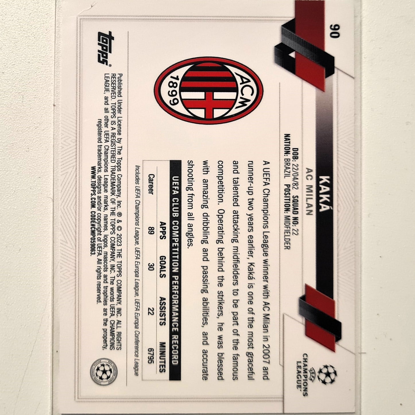 Kaka 2023 Topps Champions League #90 Soccer football AC Milan Mint sleeved