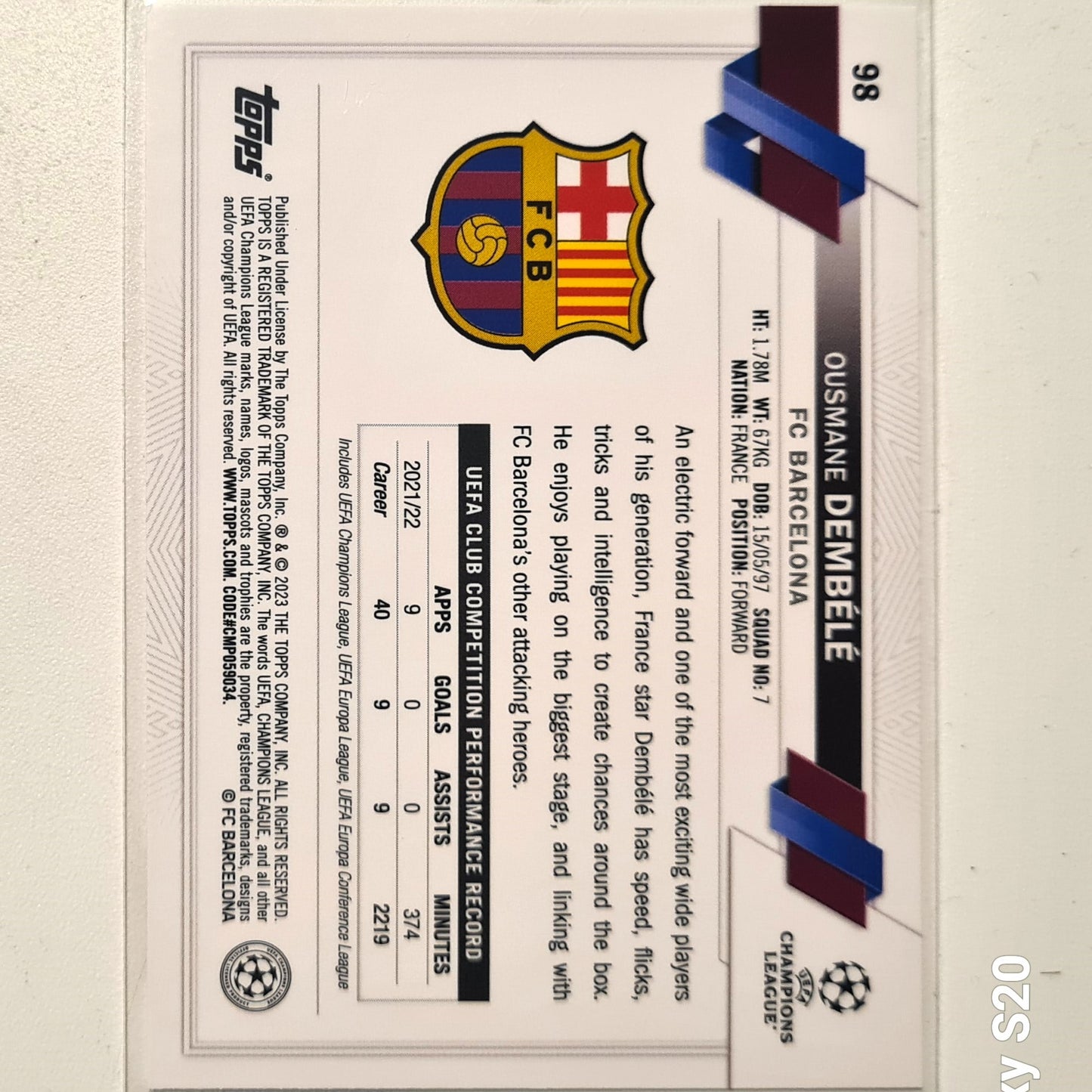 Ousmane Dembele 2023 Topps Champions League #98 Soccer football Barcelona Mint sleeved