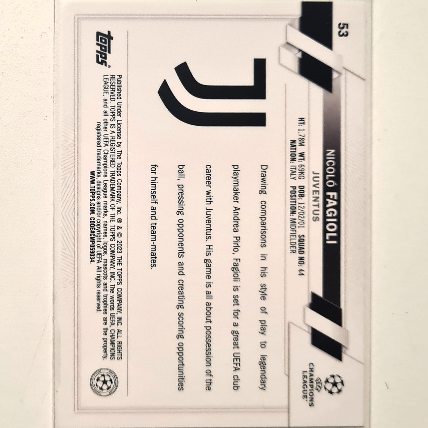 Nicolo Fagoili 2023 Topps Champions League Rookie RC #53 Soccer football Juventus Mint sleeved