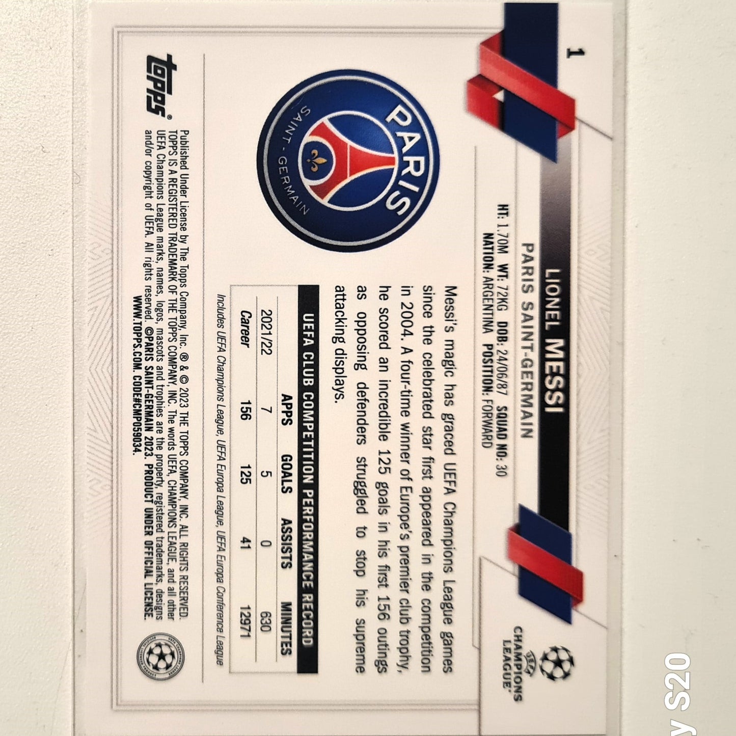 Lionel Messi 2023 Topps Champions League #1 Soccer football Paris Saint Germain Mint sleeved