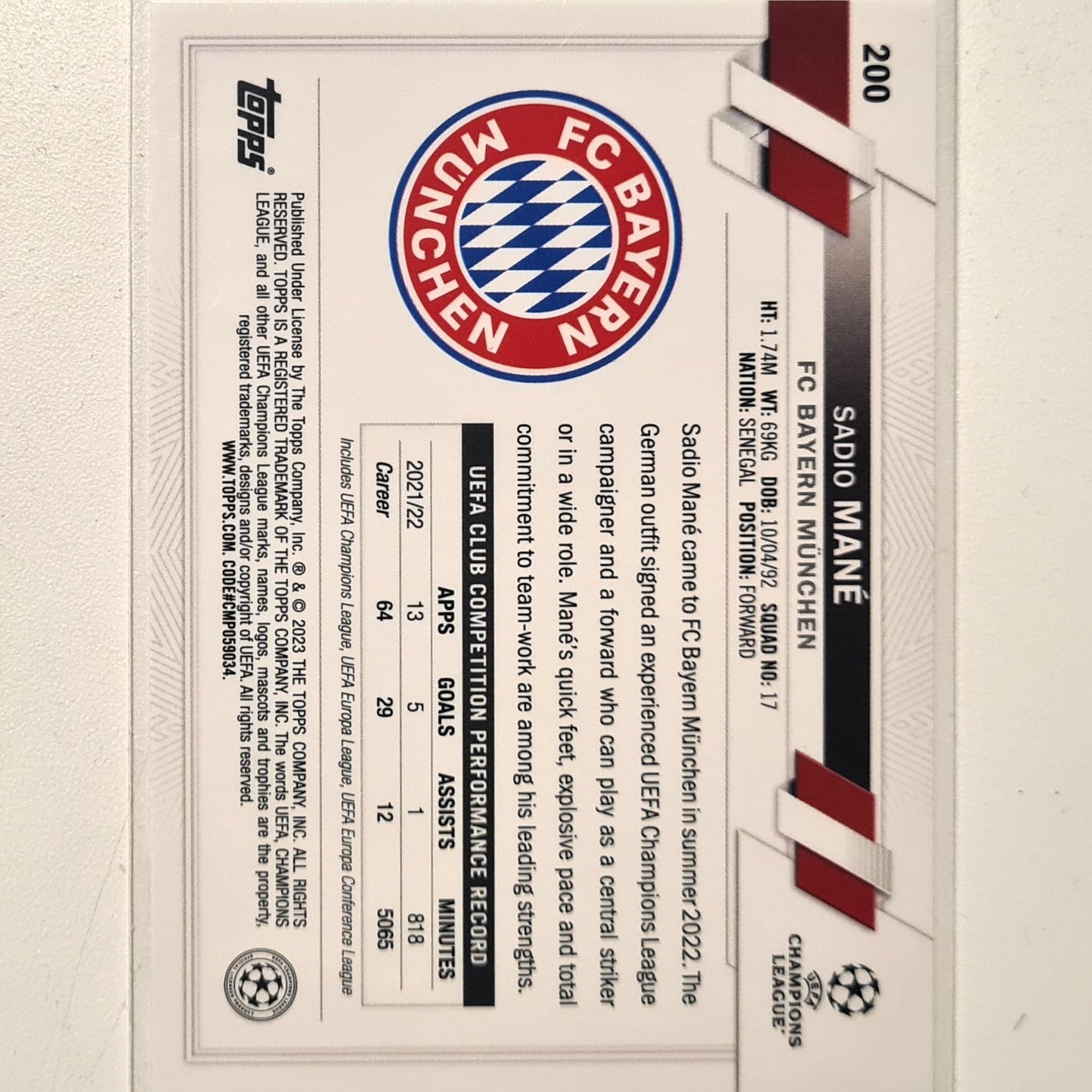 Sadio Mane 2023 Topps Champions League #200 Soccer football Bayern Munich Mint sleeved