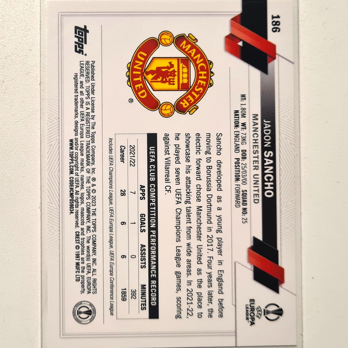 Jadon Sancho 2023 Topps Europa League #186 Soccer football Manchester United Mint sleeved