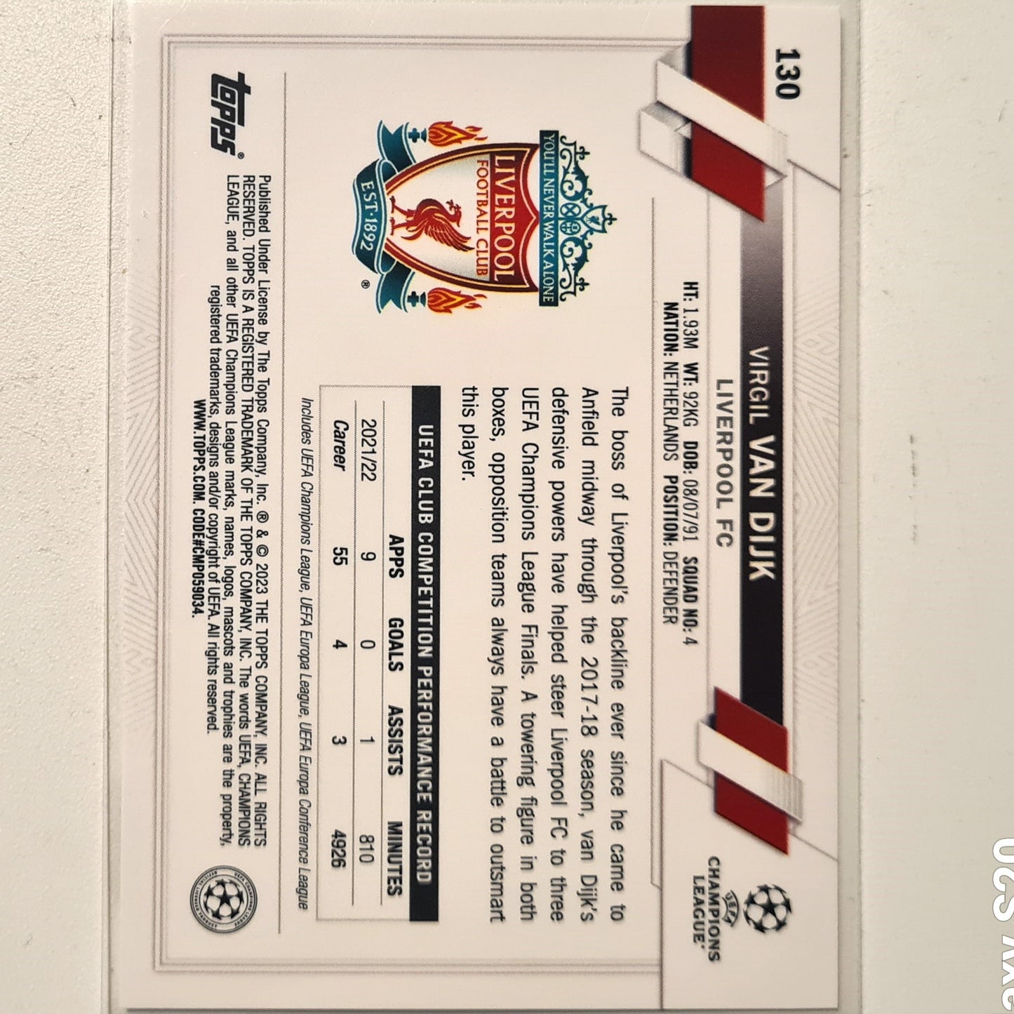 Virgil Van Dijk 2023 Topps Chrome Champions League #130 Soccer football Liverpool Mint sleeved