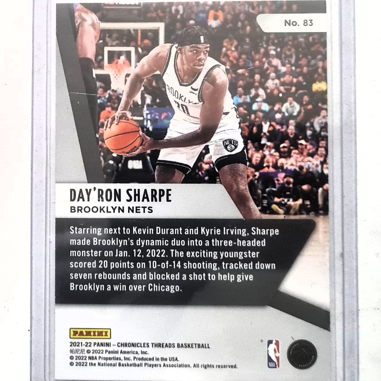 Day'Ron Sharpe 2021-22 Panini chronicles threads Rookie RC #83 NBA Basketball Brooklyn Nets Excellent/mint sleeved