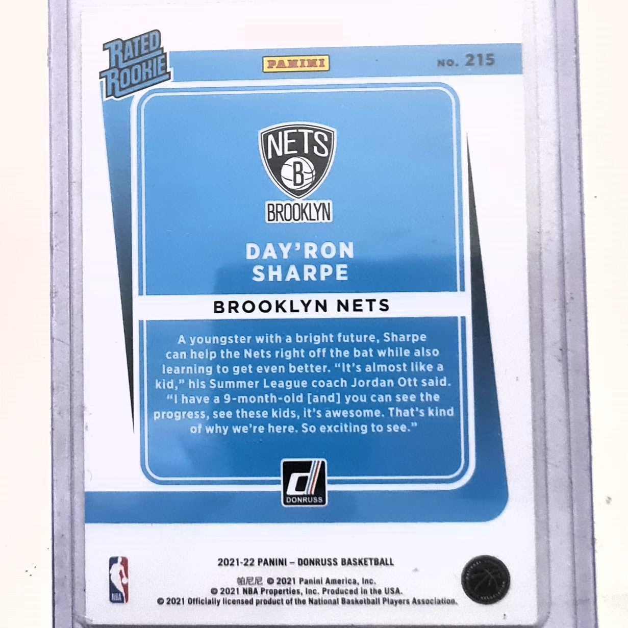 Day'Ron Sharpe 2021-22 Panini Donruss Rated Rookie RC blue laser #215 NBA Basketball Brooklyn Nets Excellent/mint sleeved