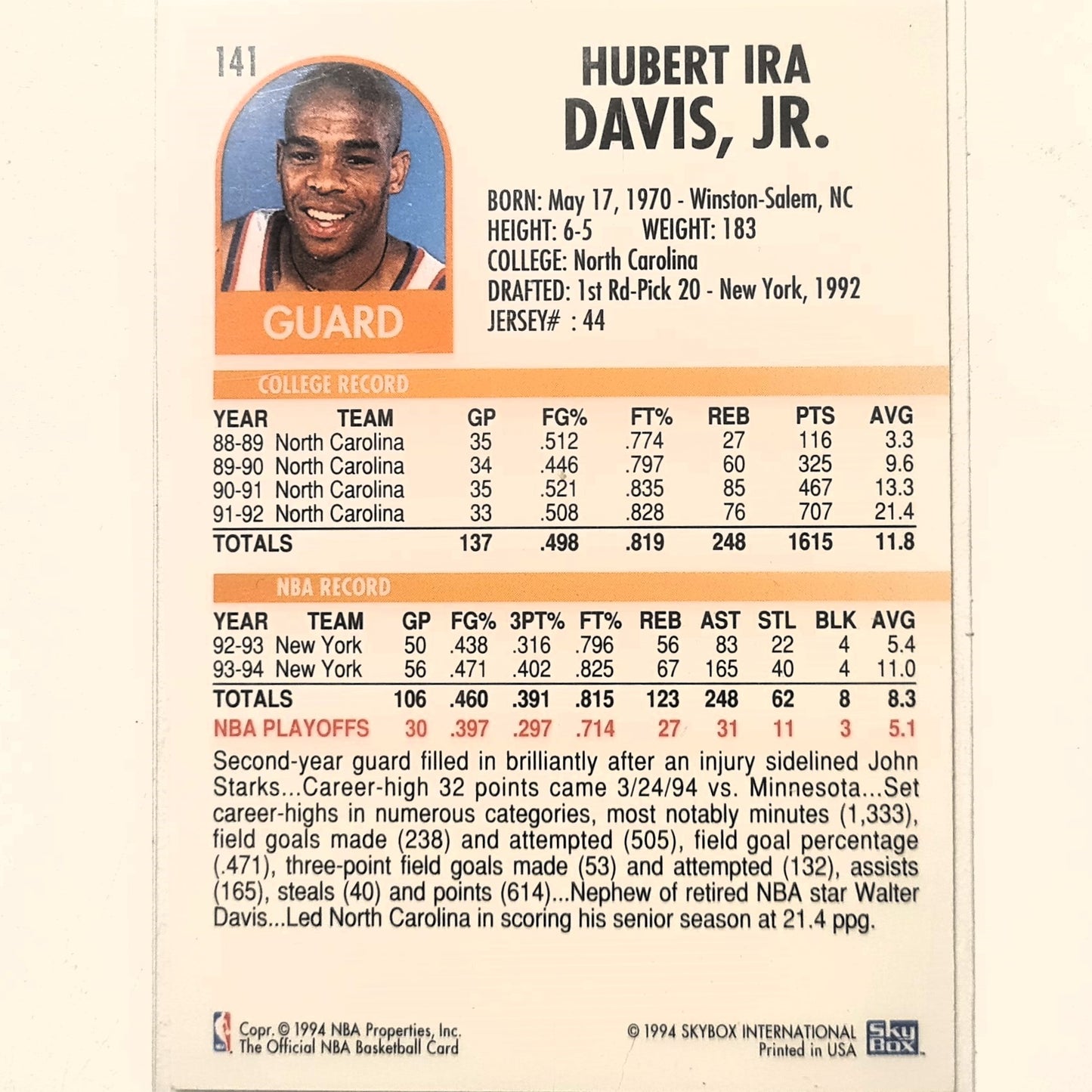 Hubert Davis 1994 Skybox NBA Hoops #141 NBA Basketball New York Knicks Excellent sleeved