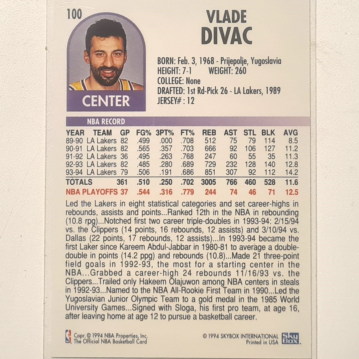 Vlade Divac 1994 Skybox NBA Hoops #100 NBA Basketball LA Lakers Excellent sleeved