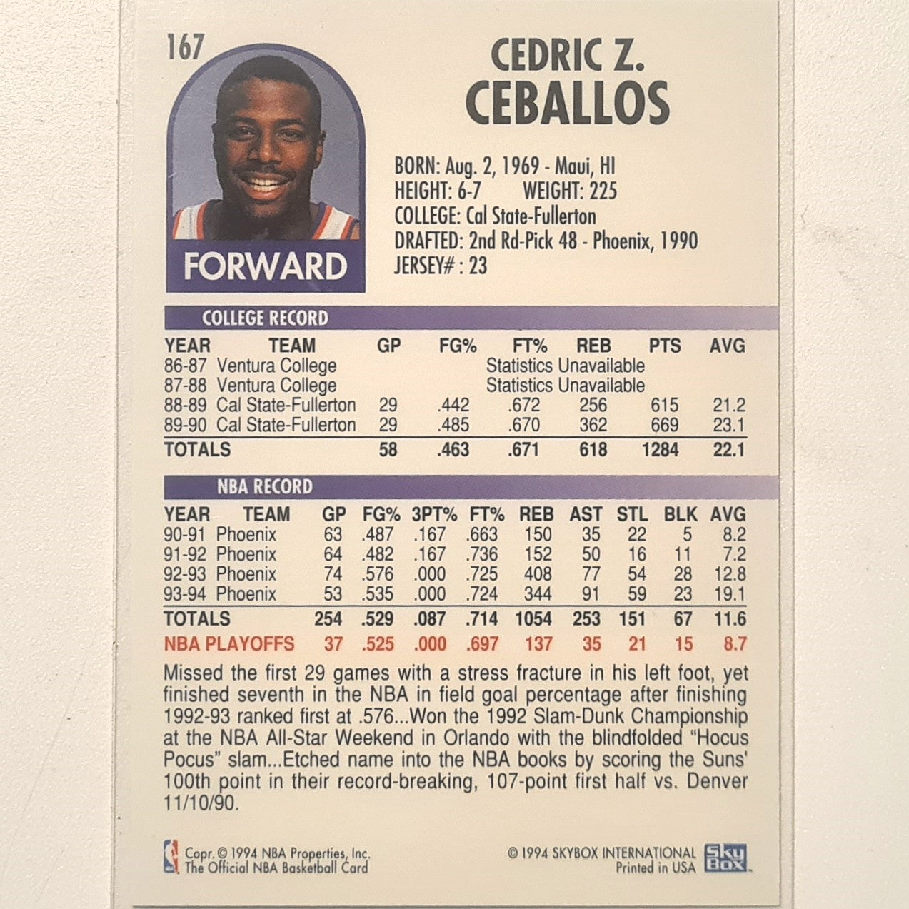 Cedric Ceballos 1994 Skybox NBA Hoops #167 NBA Basketball Phoenix Suns Excellent sleeved