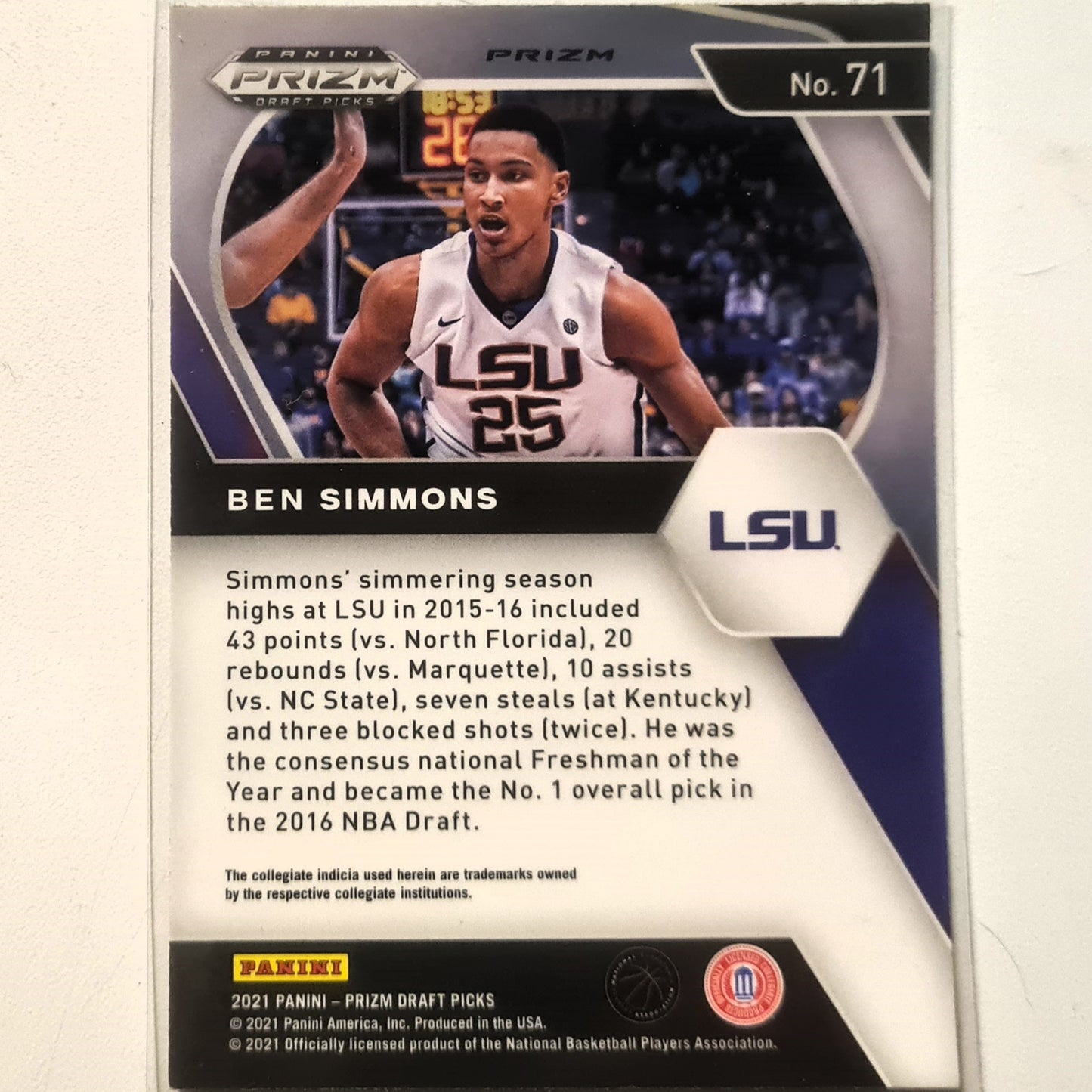 Ben Simmons 2021 Panini Prizm Draft picks prizm holo #71 NBA Basketball LSU Excellent/mint Sleeved