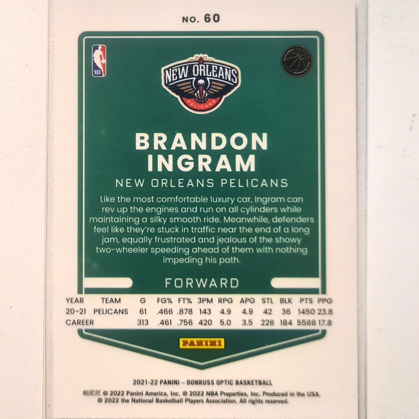 Brandon Ingram 2021-22 Panini Donruss optic #60 NBA Basketball New Orleans Pelicans mint sleeved