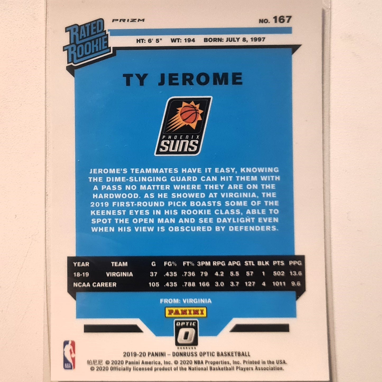 Ty Jerome 2019-20 Panini Donruss optic rated rookie hyper pink prizm RC #167 NBA Basketball Phoenix Suns mint sleeved