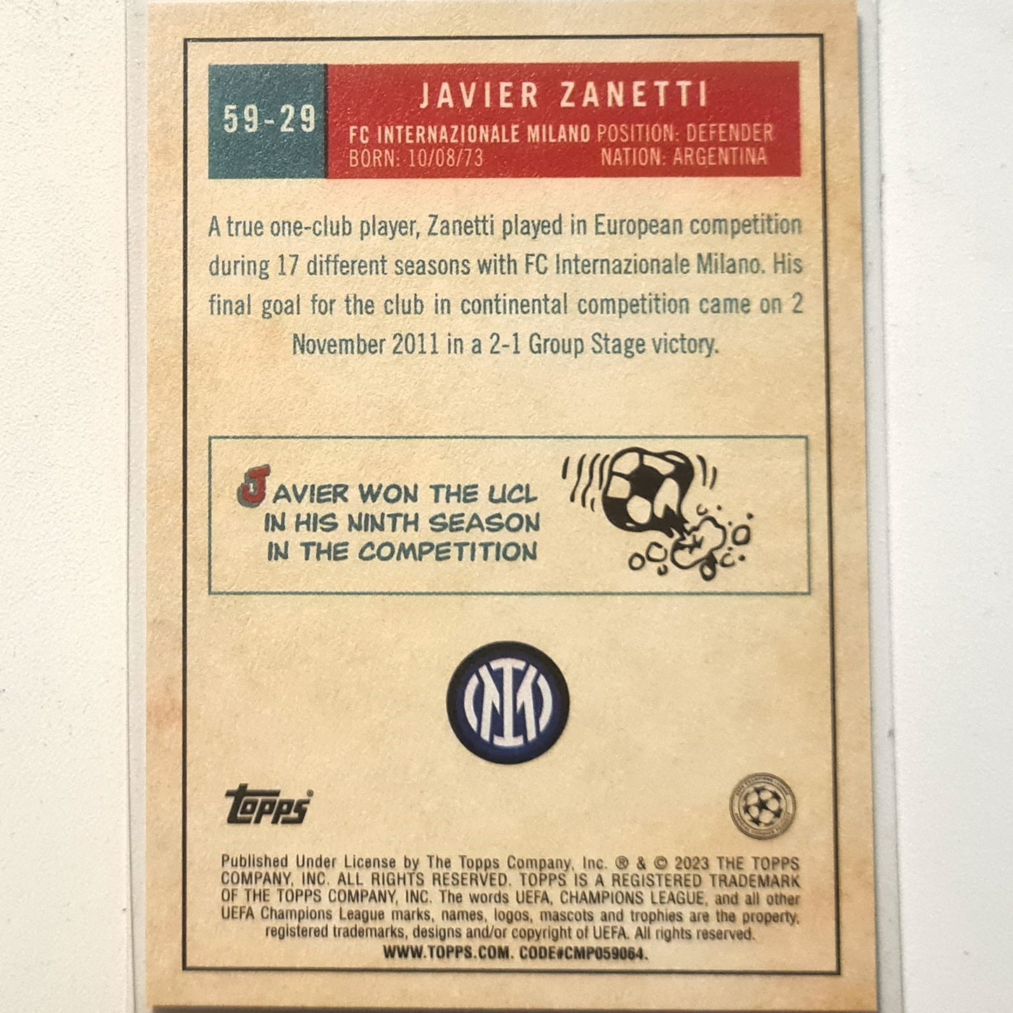 Javier Zanetti 2023 Topps Champions League #59-29  Soccer Football Inter Milan Excellent sleeved