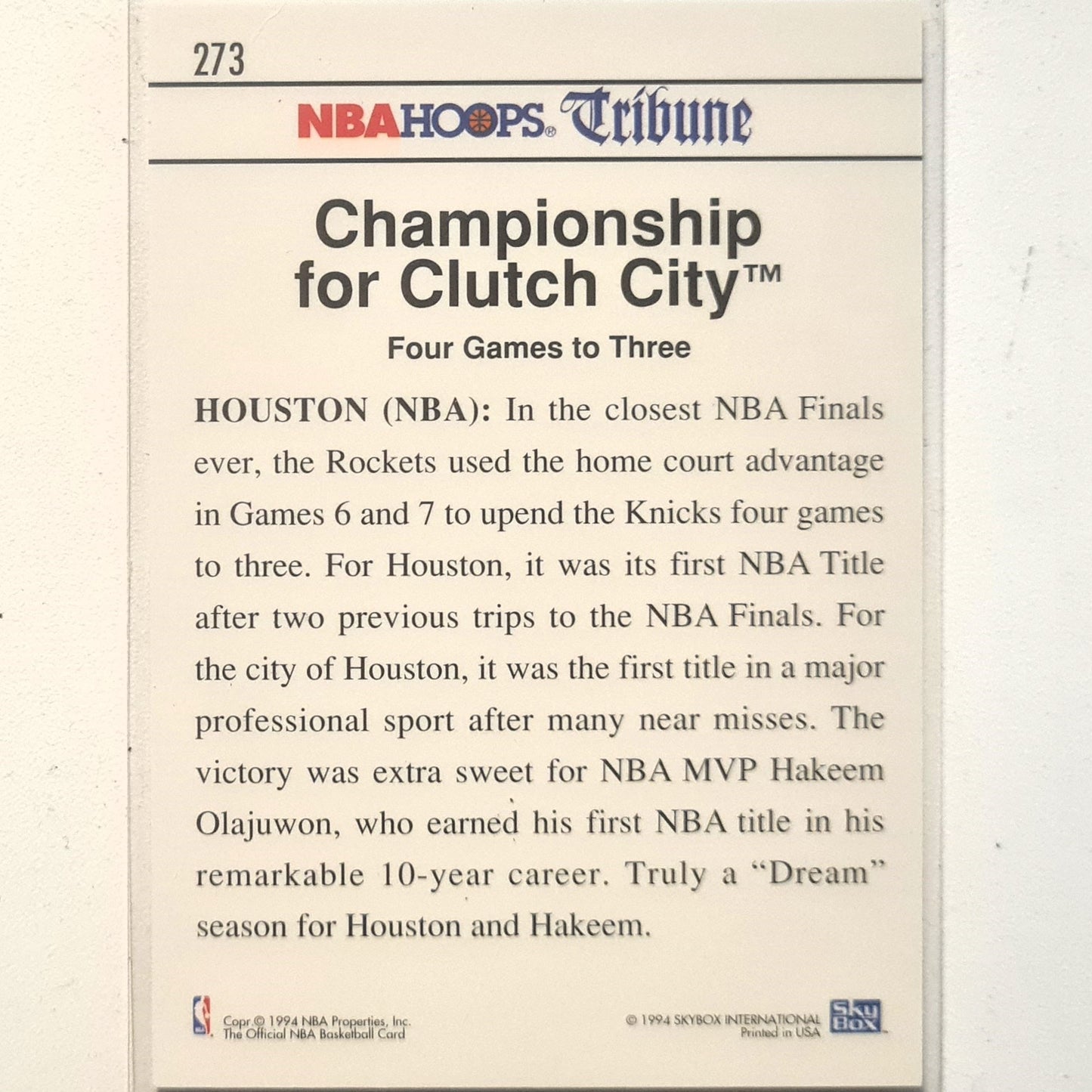 Hakeem Kenny   Houston champions 1994 Skybox NBA Hoops tribune #273 NBA Basketball Houston Rockets Excellent  sleeved