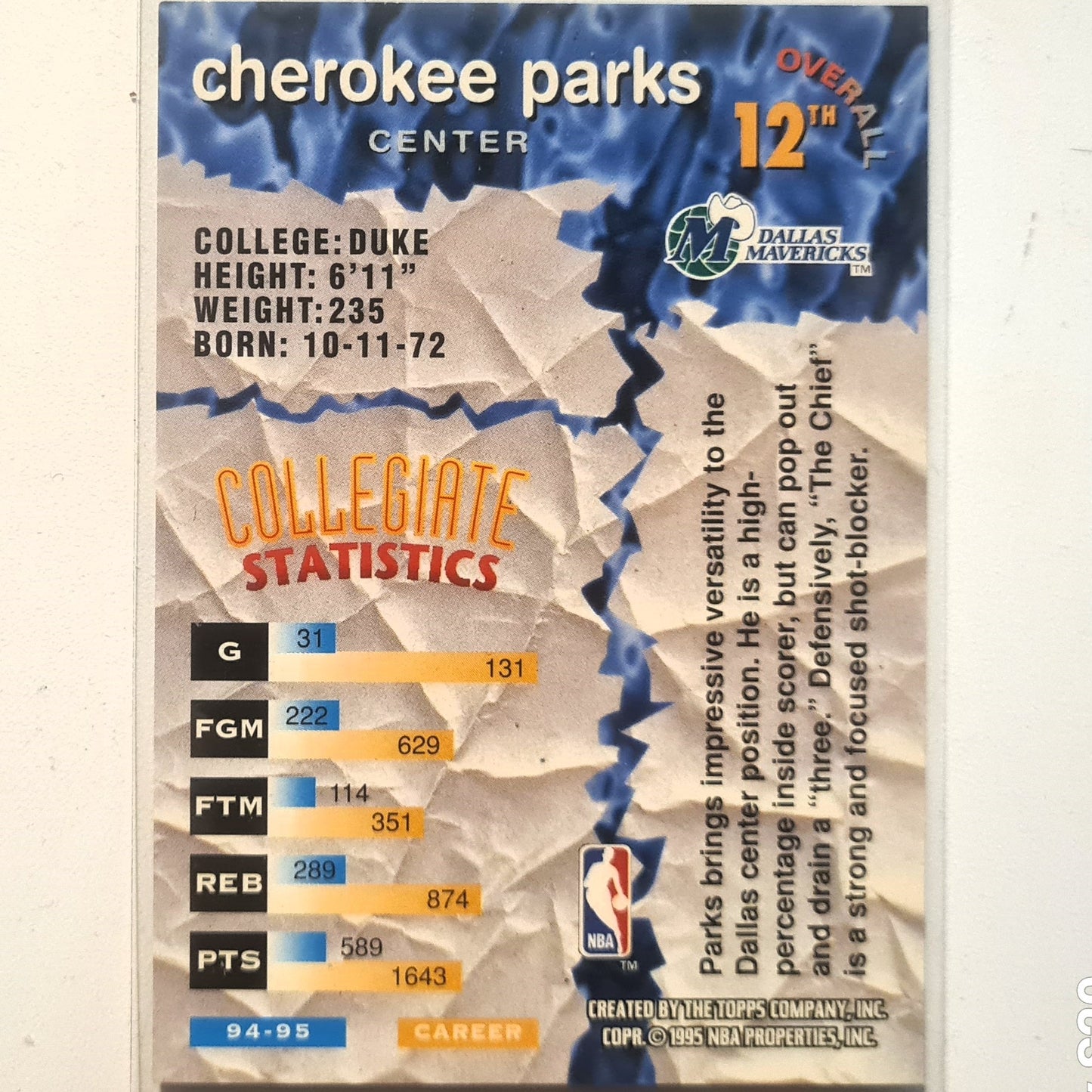 Cherokee Parks 1995 Topps Stadium club NBA Draft pick Rookie RC #12 NBA Basketball Dallas Mavericks very good sleeved