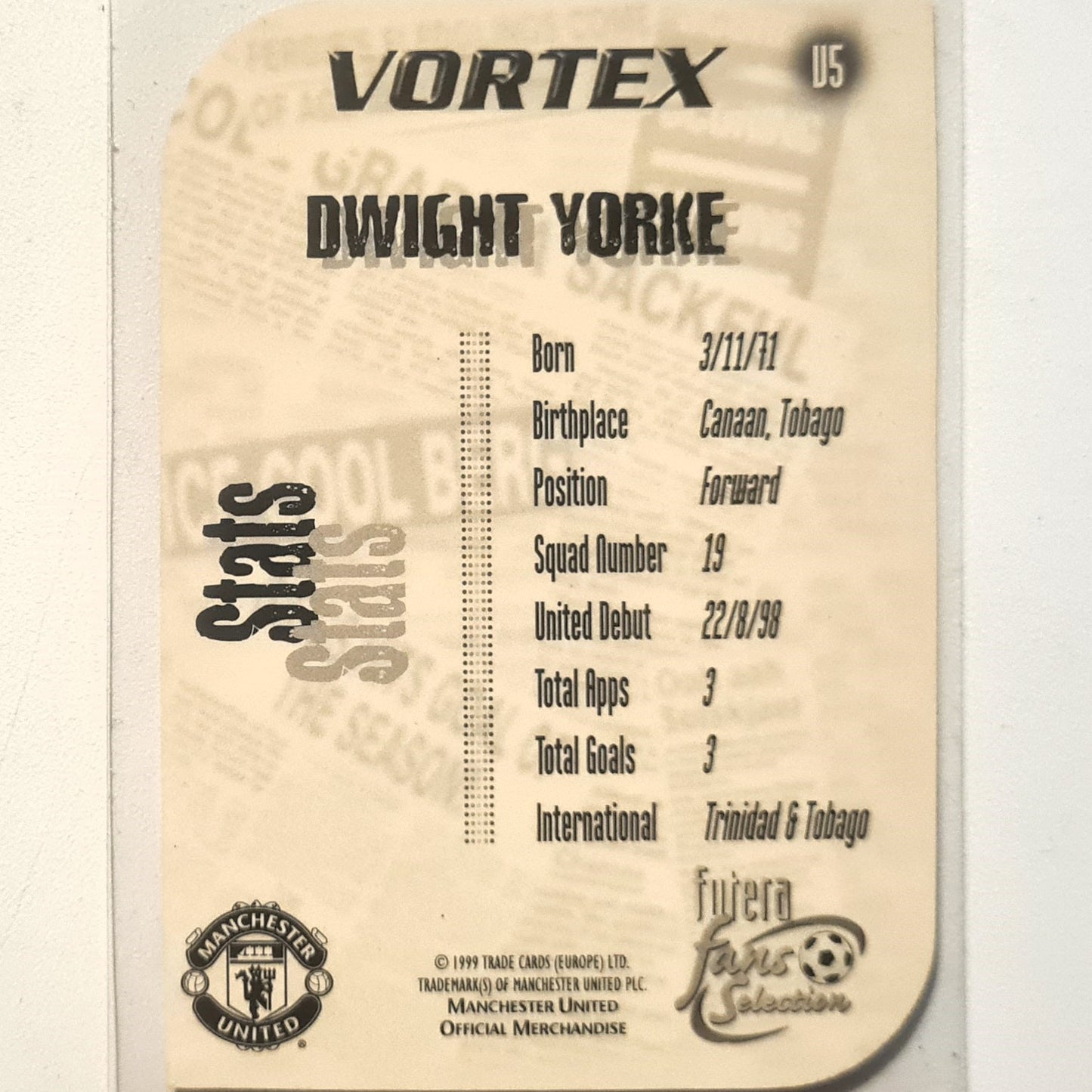 Dwight Yorke 1999 Futera fans selection Vortex die cut foil V5 Soccer Football Manchester United Excellent Sleeved