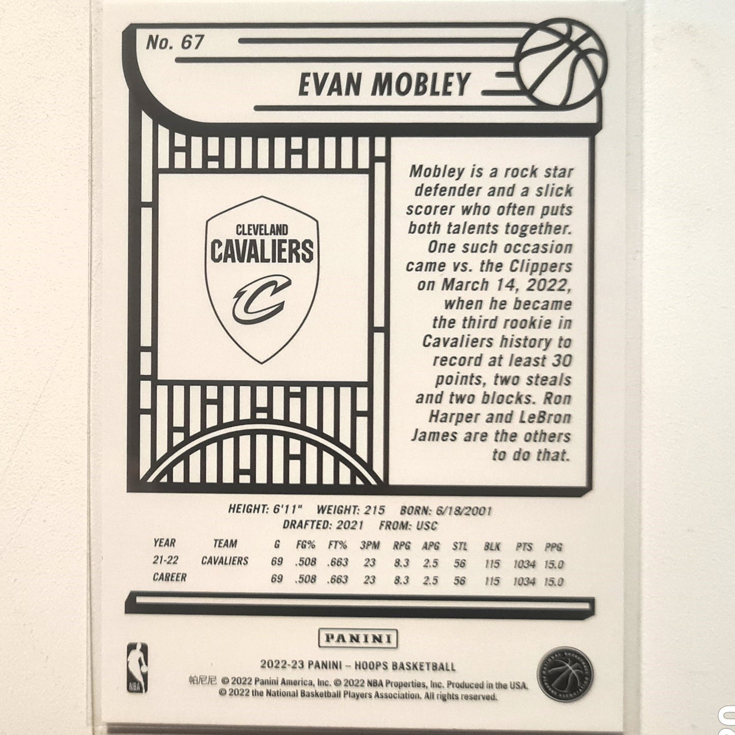 Evan Mobley 2022-23 Panini NBA Hoops #67 NBA Basketball Cleveland Cavaliers Excellent/mint Sleeved