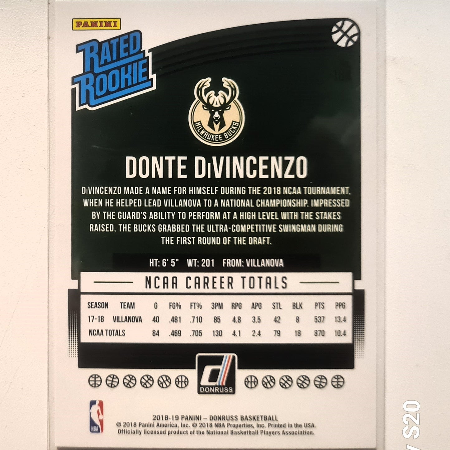 Donte DiVincenzo 2018-19 Panini Donruss rated rookie RC #164 NBA Basketball Milwaukee Bucks Excellent Sleeved