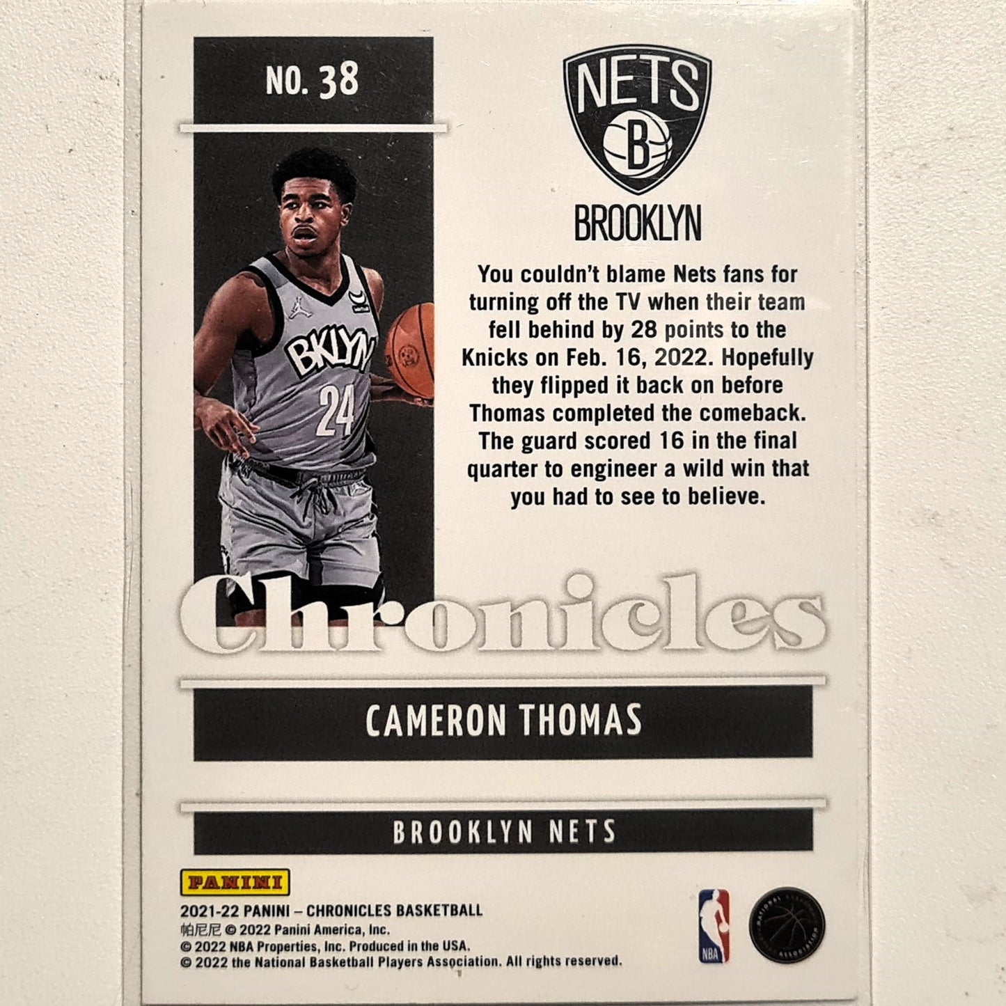 Cameron Thomas 2021-22 Panini Chronicles Rookie RC #38 NBA Basketball Brooklyn Nets excellent Sleeved