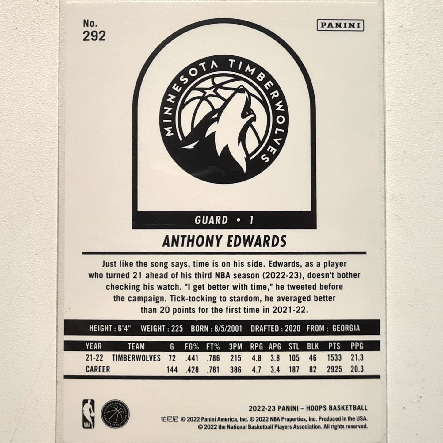 Anthony Edwards 2022-23 Panini NBA Hoops #292 NBA Basketball Minnesota Timberwolves excellent/mint Sleeved