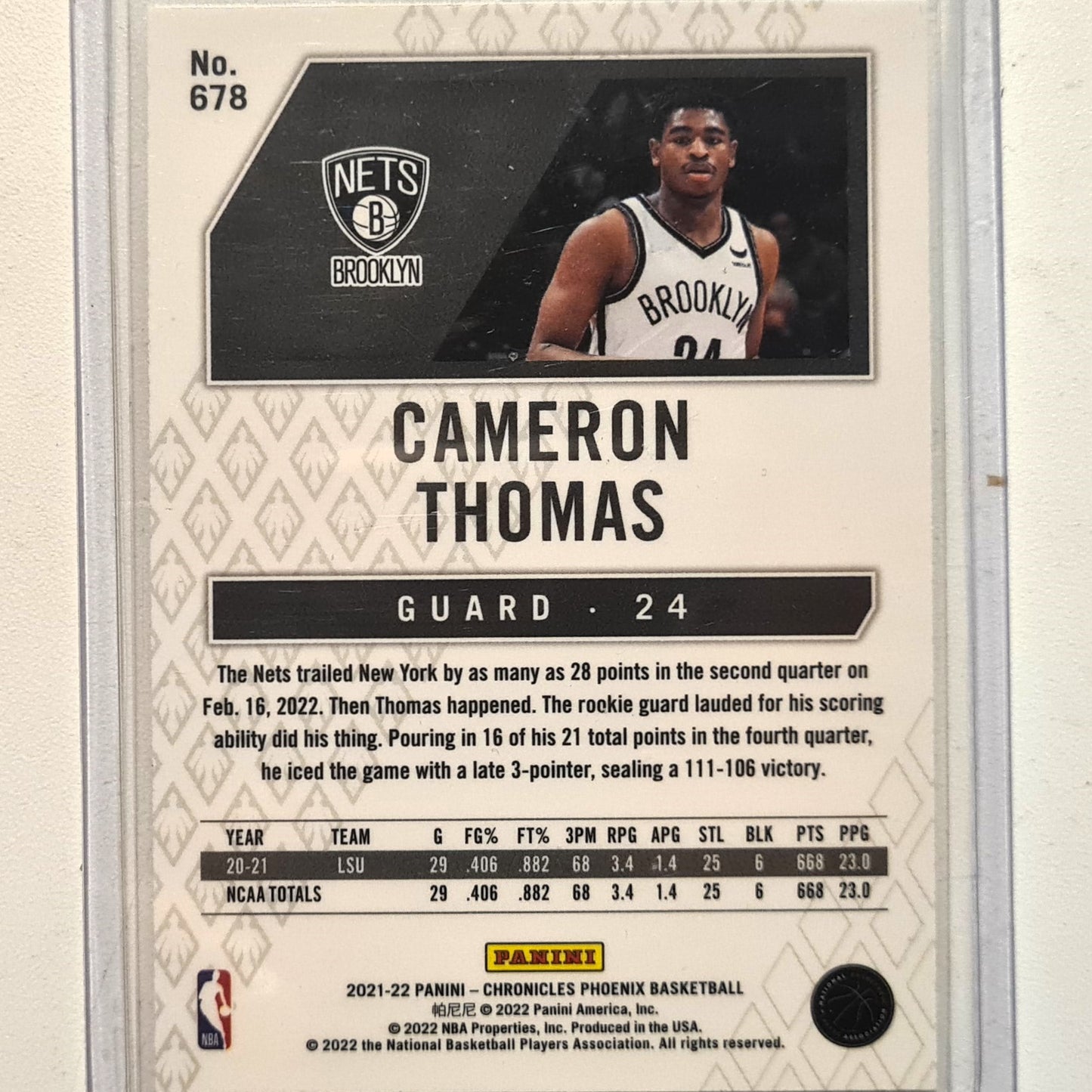 Cameron Thomas 2021-22 Panini Chronicles Phoenix Rookie RC #290 NBA Basketball Brooklyn Nets excellent Sleeved