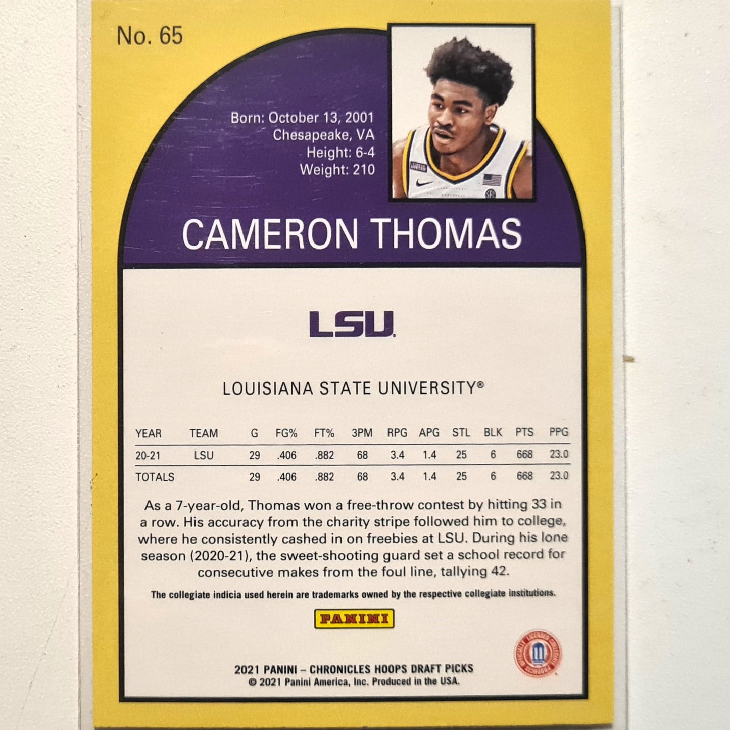 Cameron Thomas 2021 Panini NBA Hoops Draft Picks Rookie RC holo #65 NBA Basketball LSU/Brooklyn Nets excellent Sleeved