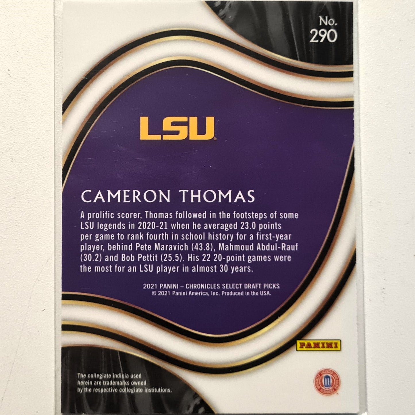 Cameron Thomas 2021 Panini Select Draft Picks Rookie RC #290 NBA Basketball LSU/Brooklyn Nets excellent Sleeved