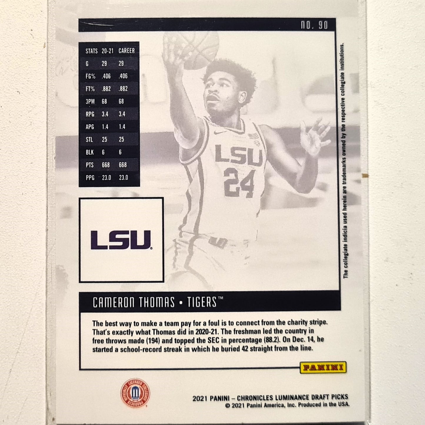 Cameron Thomas 2021 Panini Luminance Draft Picks Rookie RC #90 NBA Basketball LSU/Brooklyn Nets excellent Sleeved