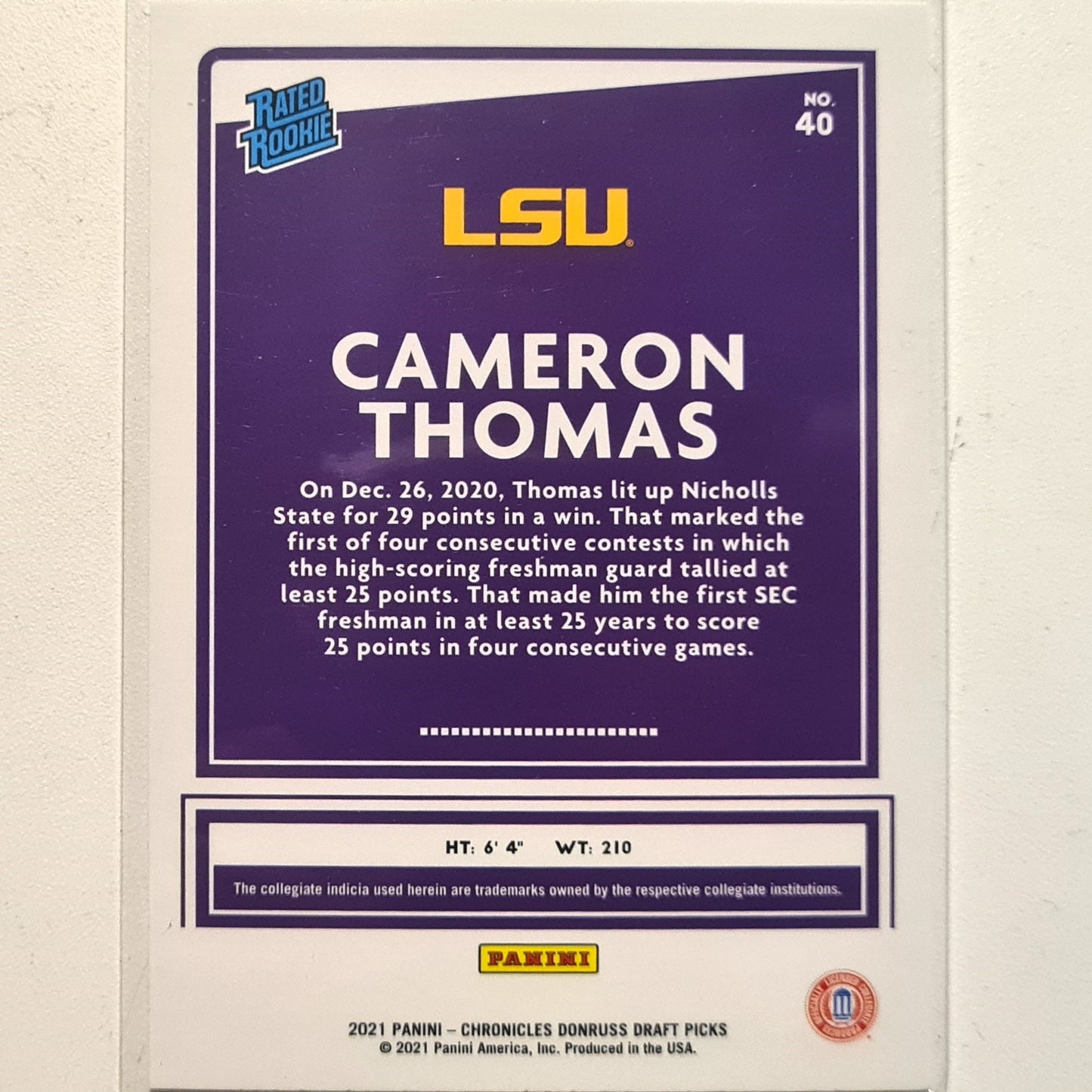 Cameron Thomas 2021 Panini Donruss Rated rookie Draft Picks Rookie RC #40 NBA Basketball LSU/Brooklyn Nets excellent Sleeved