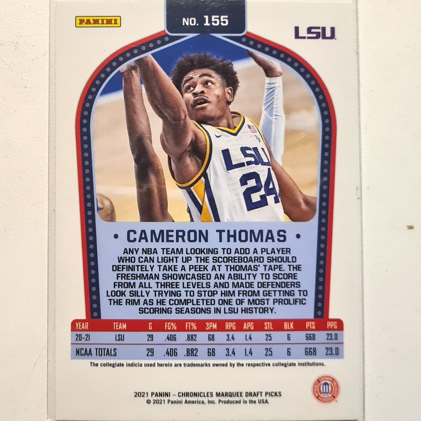 Cameron Thomas 2021 Panini Marquee Draft Picks Rookie RC Refractor #155 NBA Basketball LSU/Brooklyn Nets excellent Sleeved