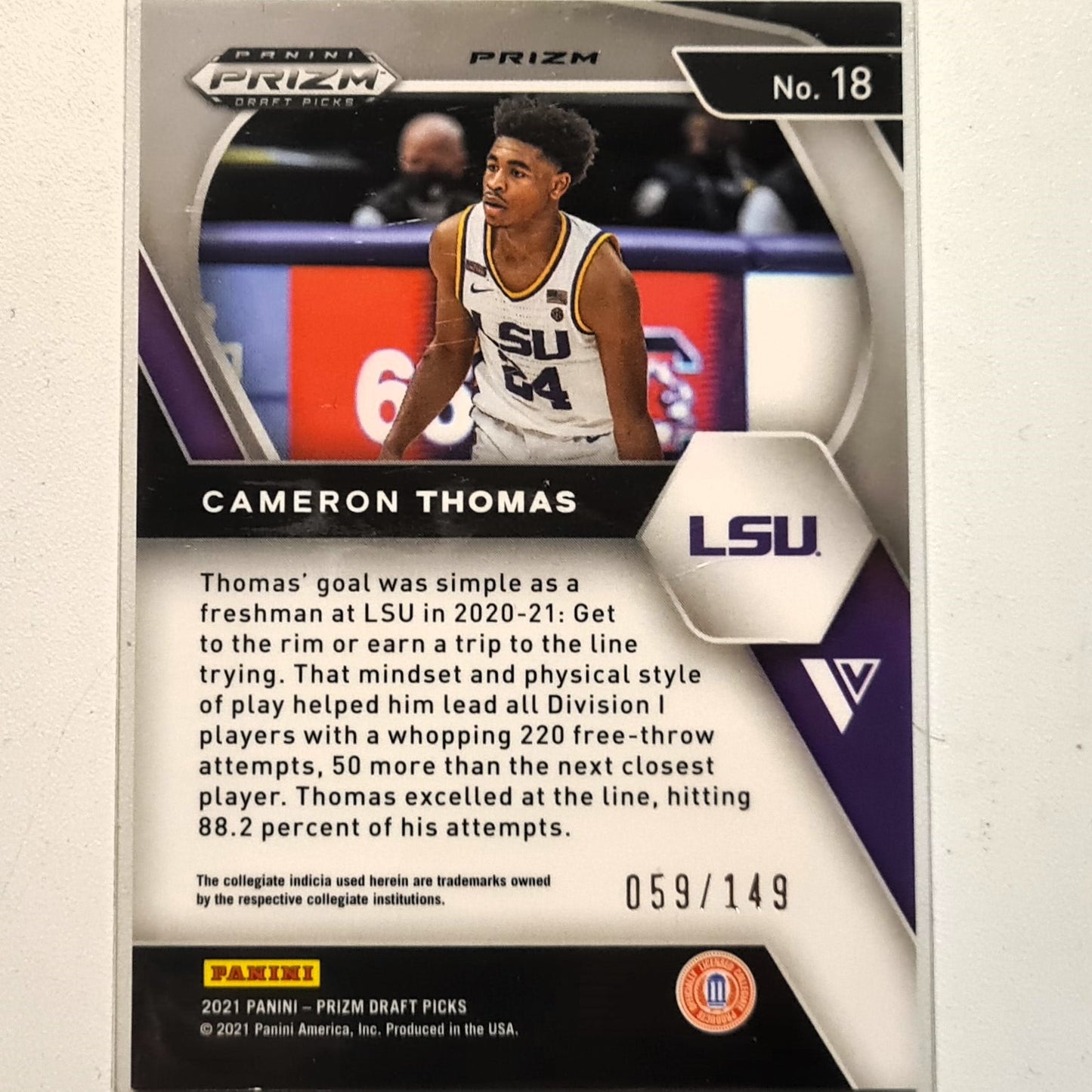 Cameron Thomas 2021 Panini Prizm Draft Picks Rookie RC pink cracked ice numbered 059/149  #18 NBA Basketball LSU/Brooklyn Nets excellent Sleeved