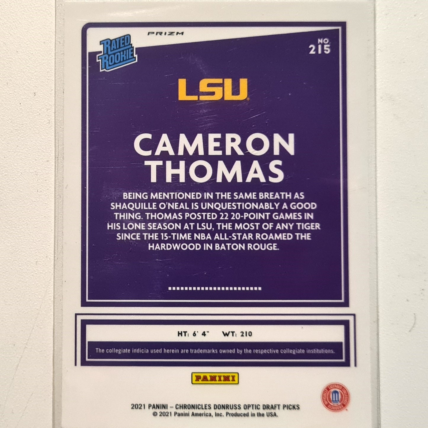 Cameron Thomas 2021 Panini Chronicles Donruss optic Rated Rookie RC PRIZM #215 NBA Basketball LSU/Brooklyn Nets excellent Sleeved