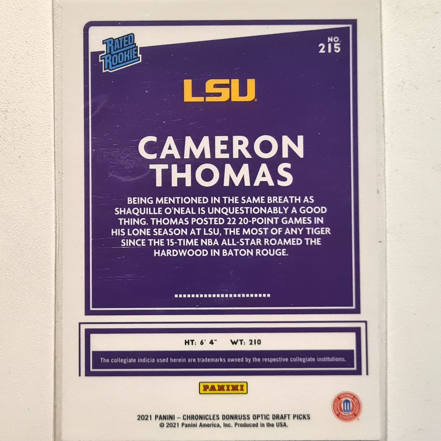 Cameron Thomas 2021 Panini Chronicles Donruss optic Rated Rookie RC #215 NBA Basketball LSU/Brooklyn Nets excellent Sleeved