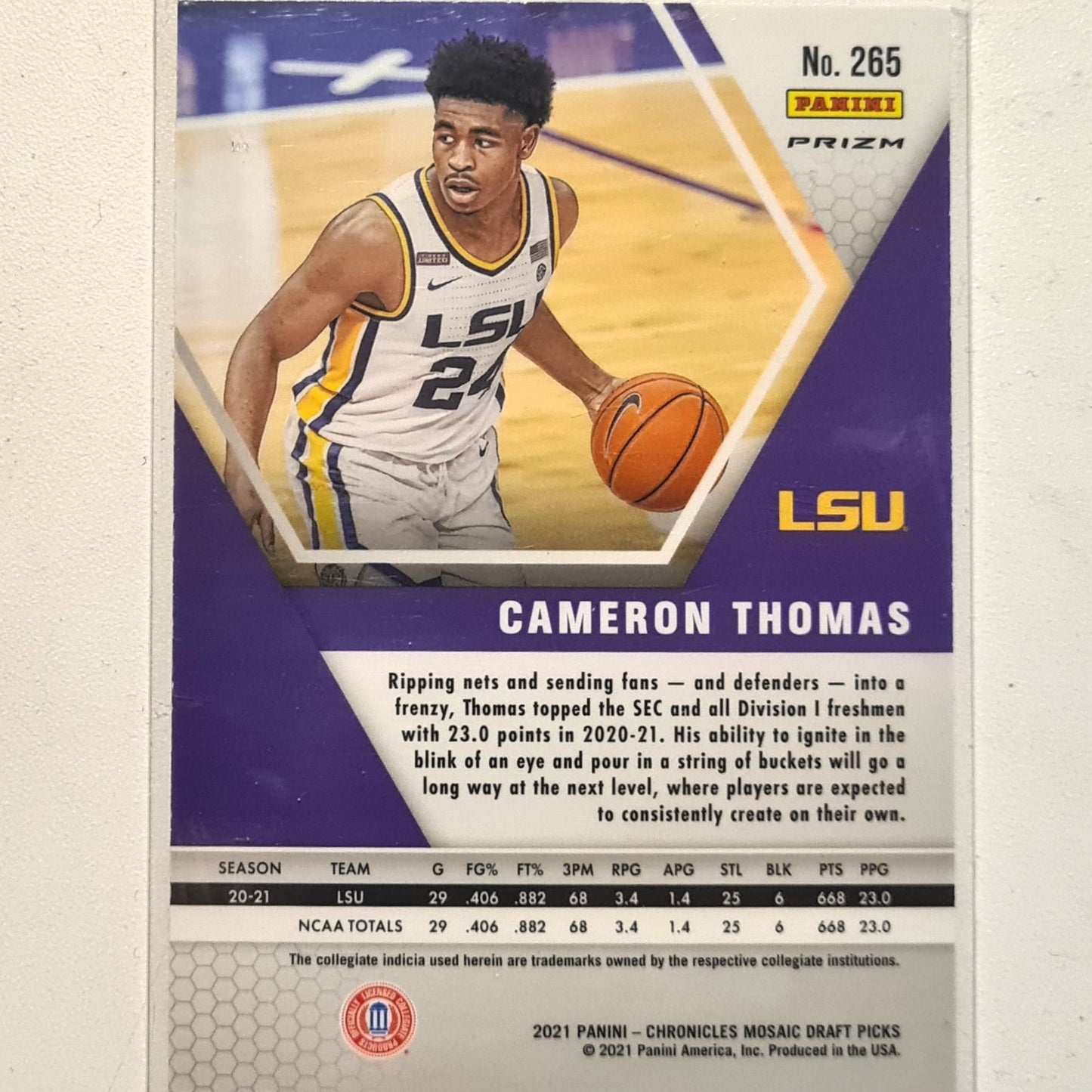 Cameron Thomas 2021 Panini Chronicles mosaic draft picks Rookie RC PRIZM #265 NBA Basketball LSU/Brooklyn Nets excellent Sleeved