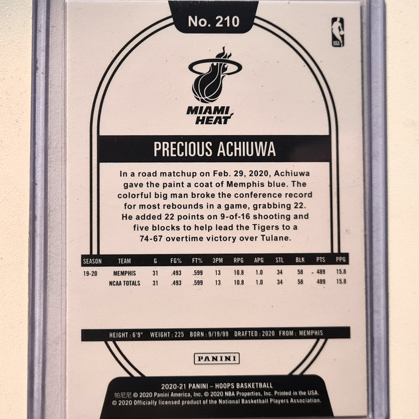 Precious Achiuwa 2020-21 Panini NBA Hoops Rookie RC #210 NBA Basketball Miami Heat excellent/mint Sleeved