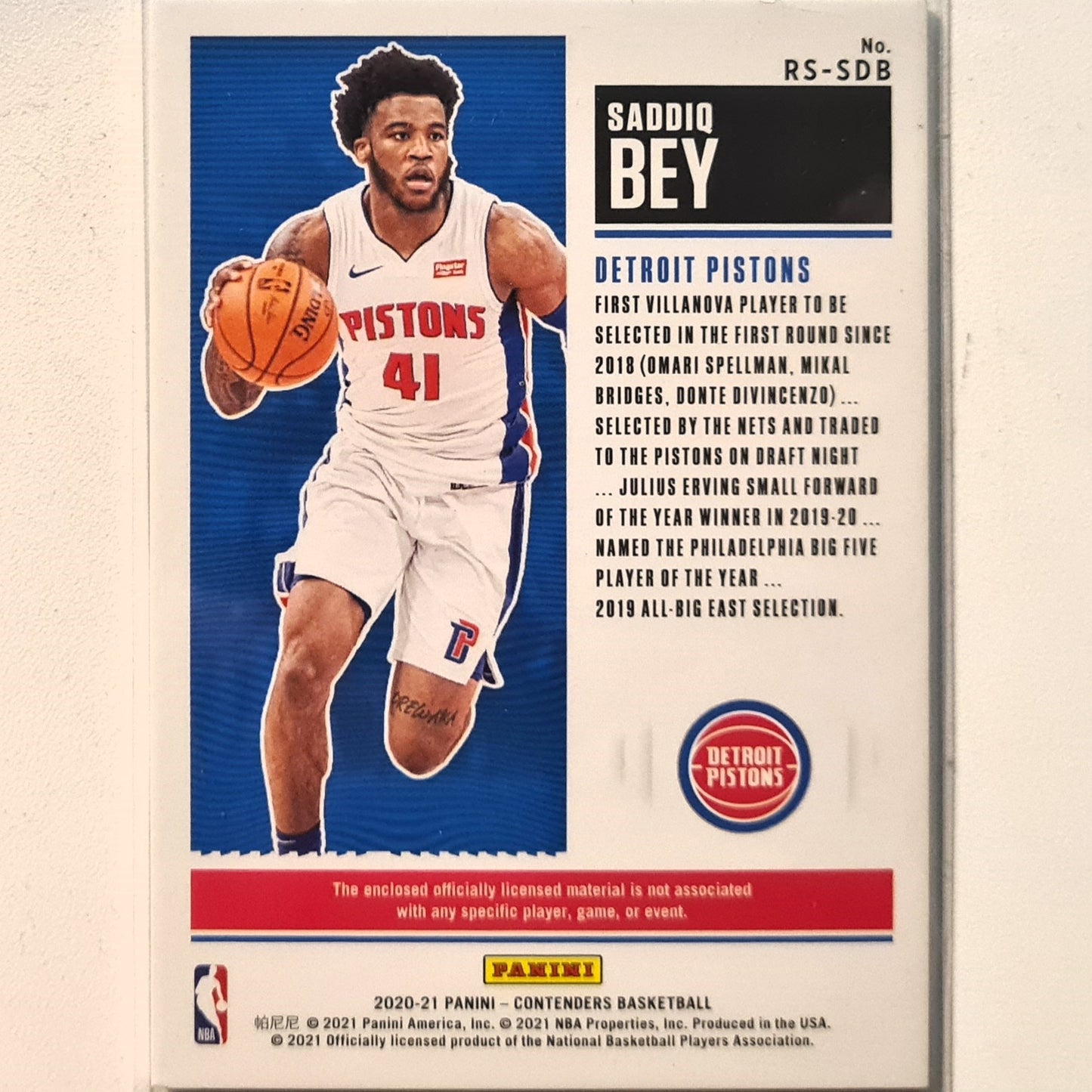 Saddiq Bey 2020-21 Panini NBA Contenders Rookie Ticket patch RC RS-SDB NBA Basketball Detroit Pistons excellent/mint Sleeved